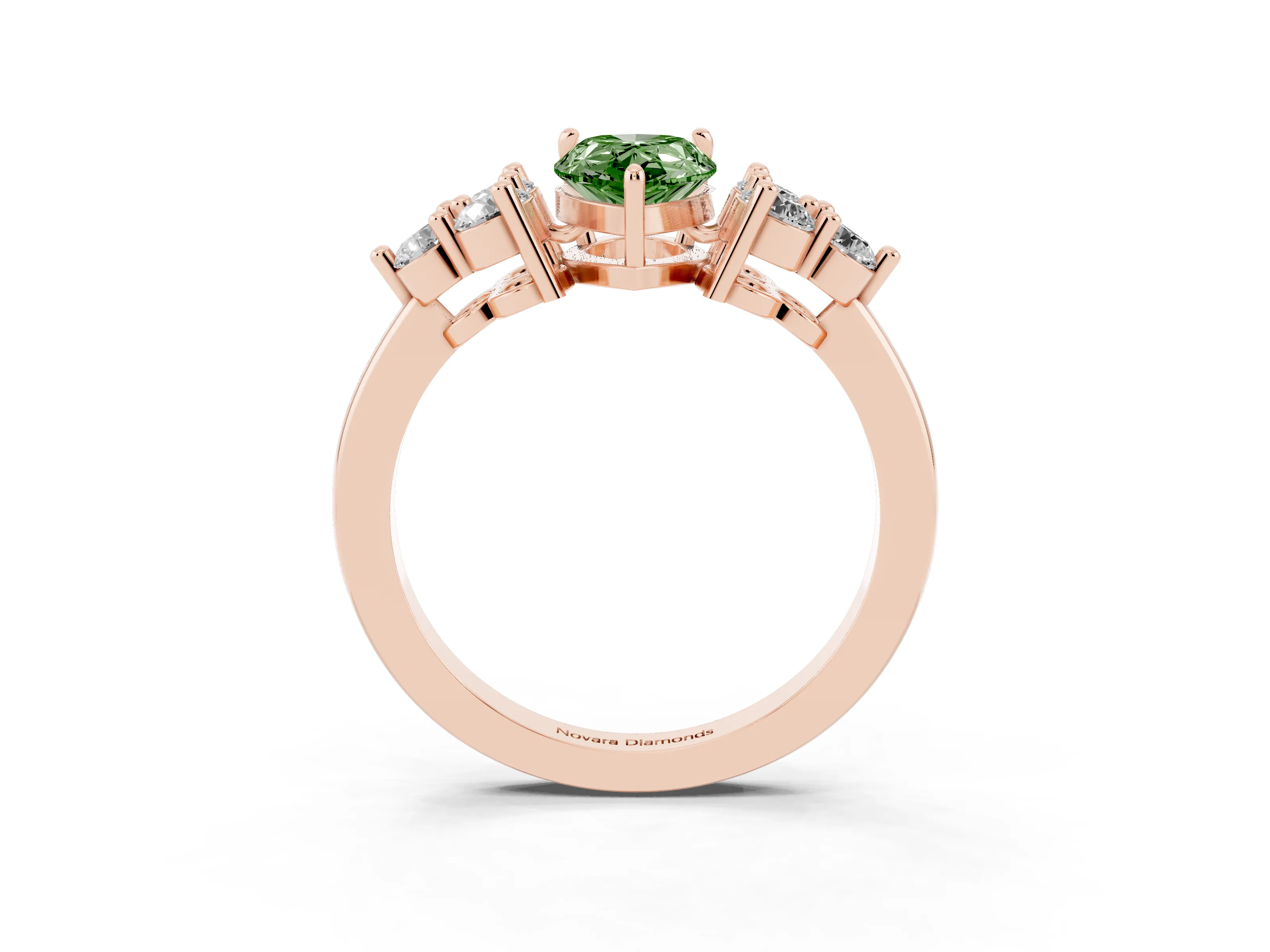 Fancy Green Pear Cut Diamond Solitaire Ring Set in Rose gold with Cluster Accents on Each Side