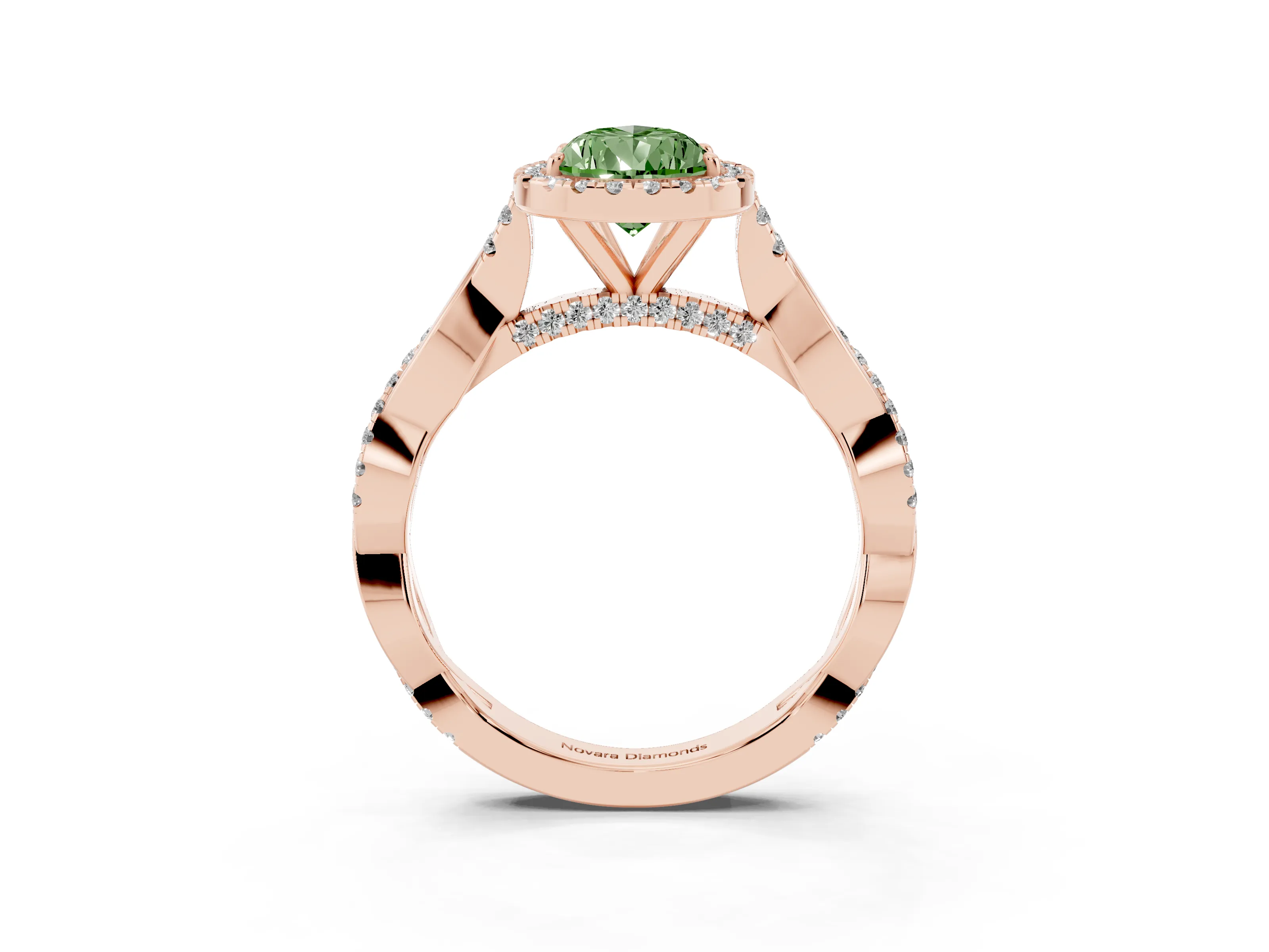 Fancy Green Pear Cut Diamond Halo Twist Band Solitaire Ring Set in Rose gold with Prong Setting
