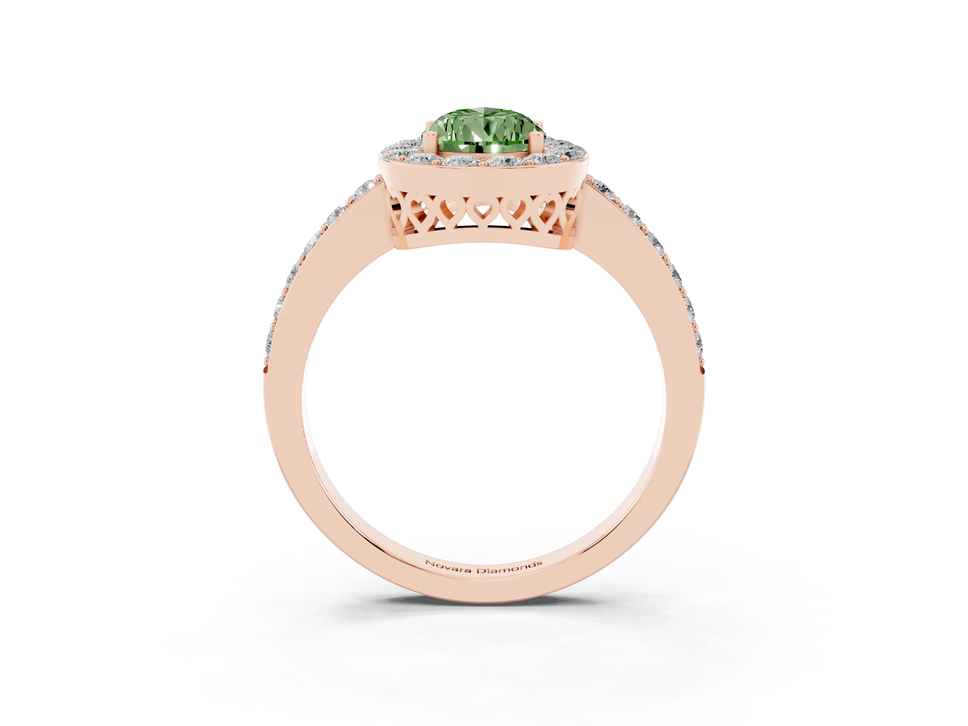 Fancy Green Pear Cut Diamond Halo Ring Set in Rose gold with Pavé-Setting Band and Open Prong Center