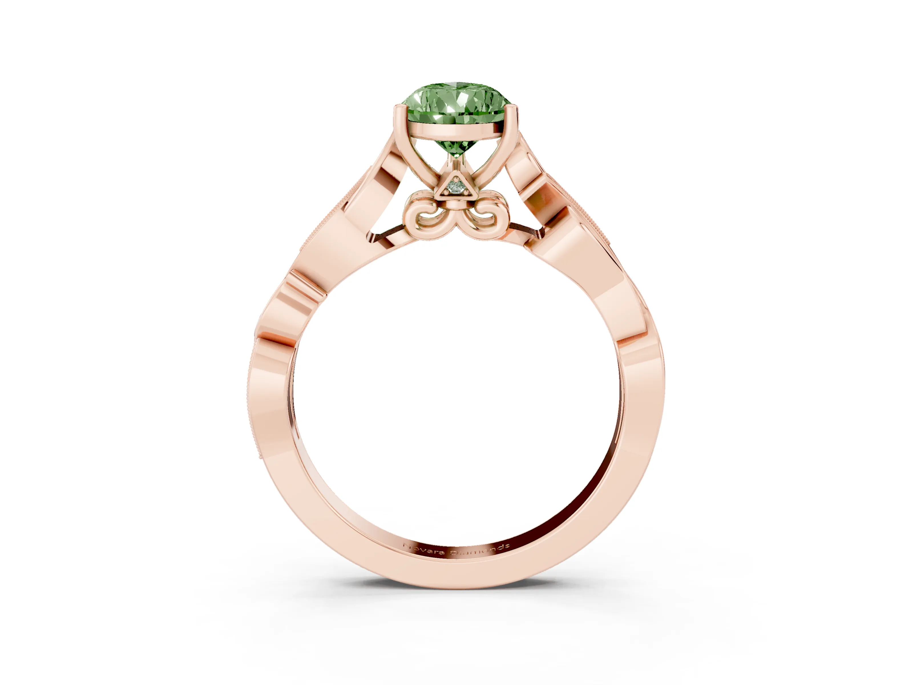 Fancy Green Pear Cut Diamond Vine Band Solitaire Ring Set in Rose gold with Milgrain Prong Setting