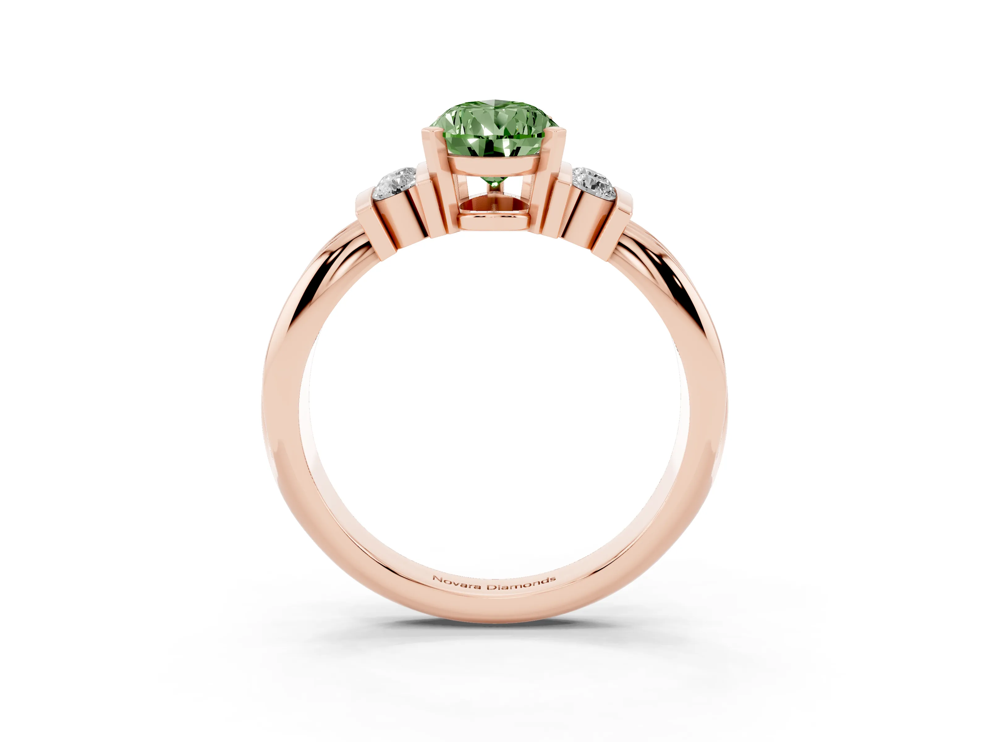Fancy Green Three-Stone Pear Cut Diamond Channel Set Ring Set in Rose gold with Bar Prongs