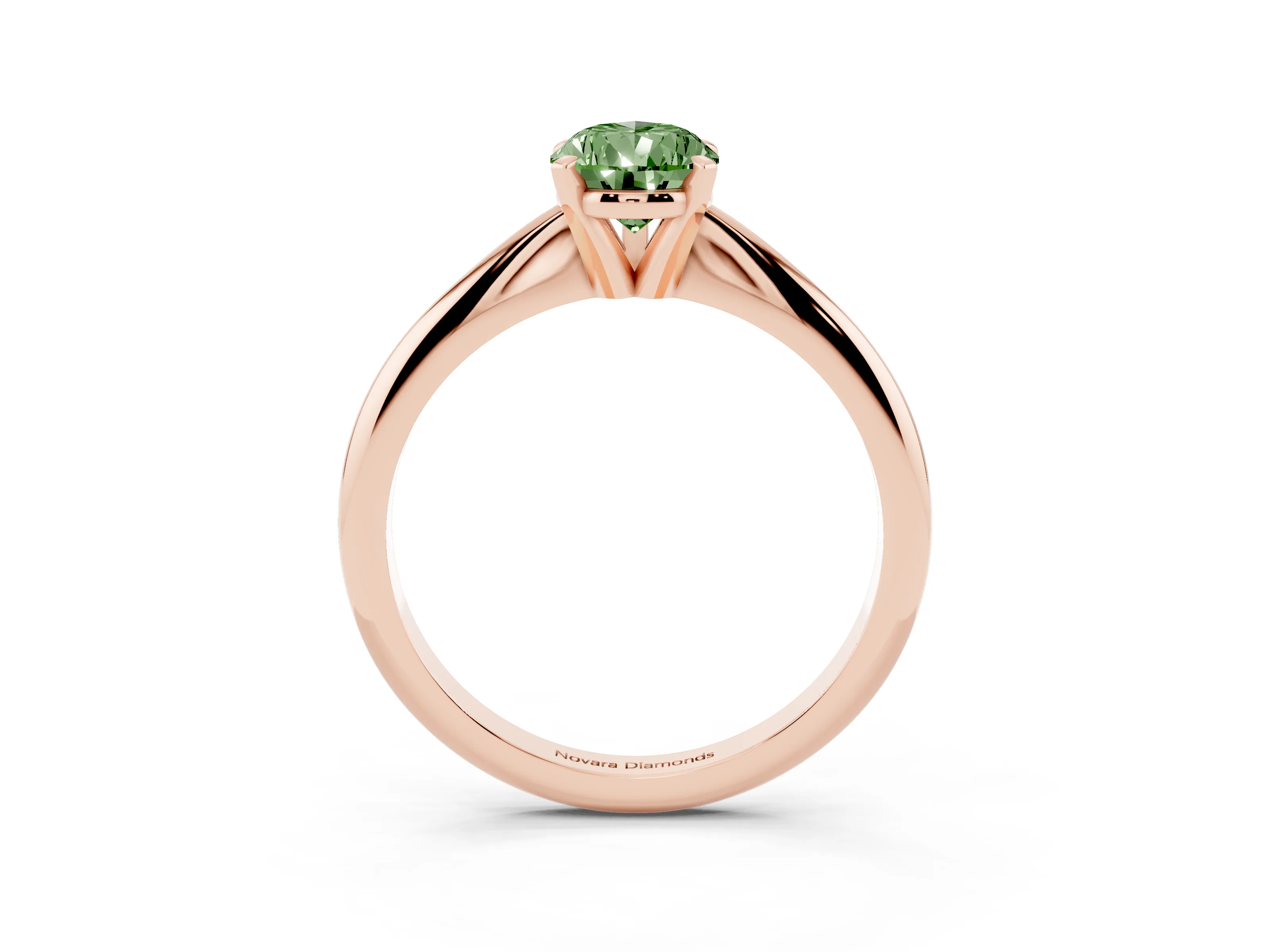 Fancy Green Pear Cut Diamond Solitaire Ring Set in Rose gold with Prong Setting on a Plain Round Band