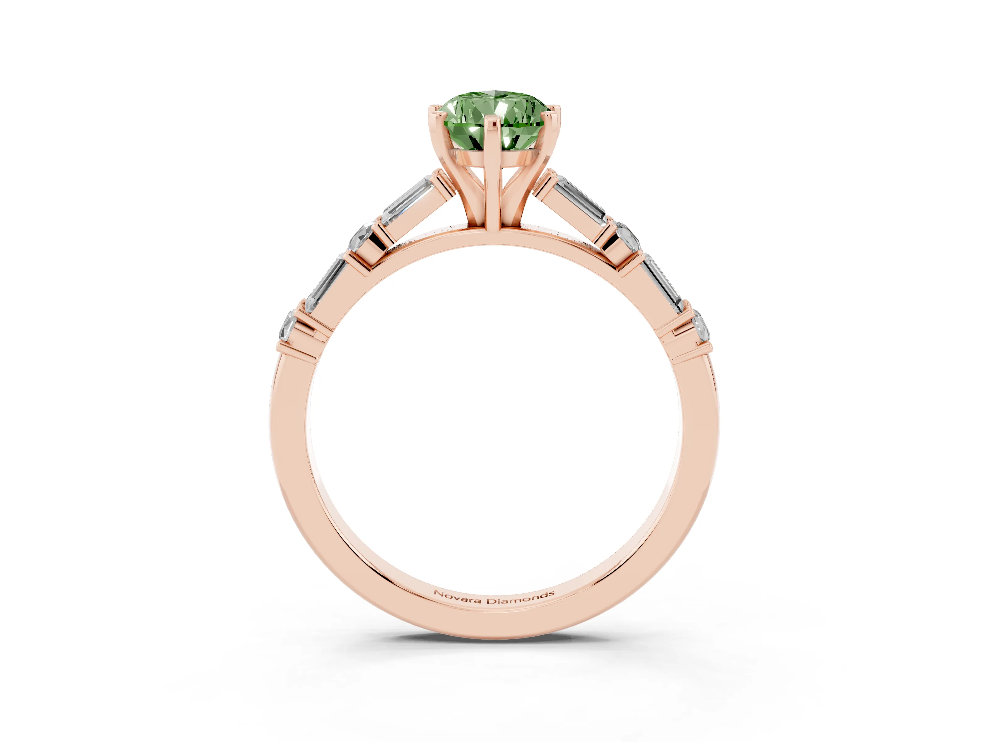 Fancy Green Pear Cut Diamond Solitaire Set in Rose gold with Side Baguettes and Channel Set Band