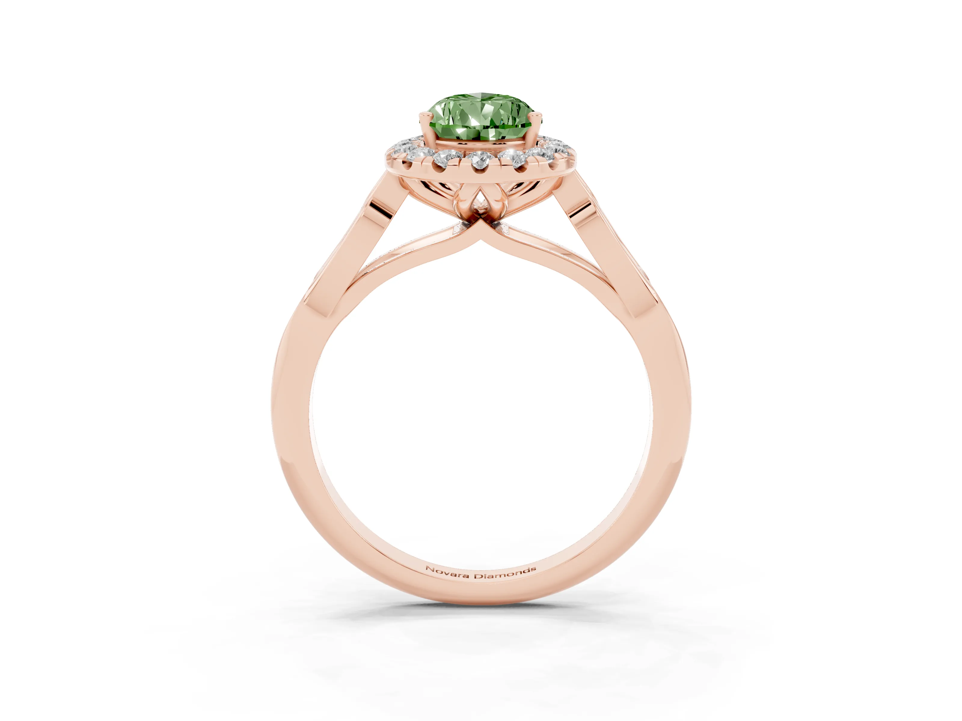 Fancy Green Pear Cut Diamond Halo Engagement Ring Set in Rose gold with Filigree Band and Prong-Set Center