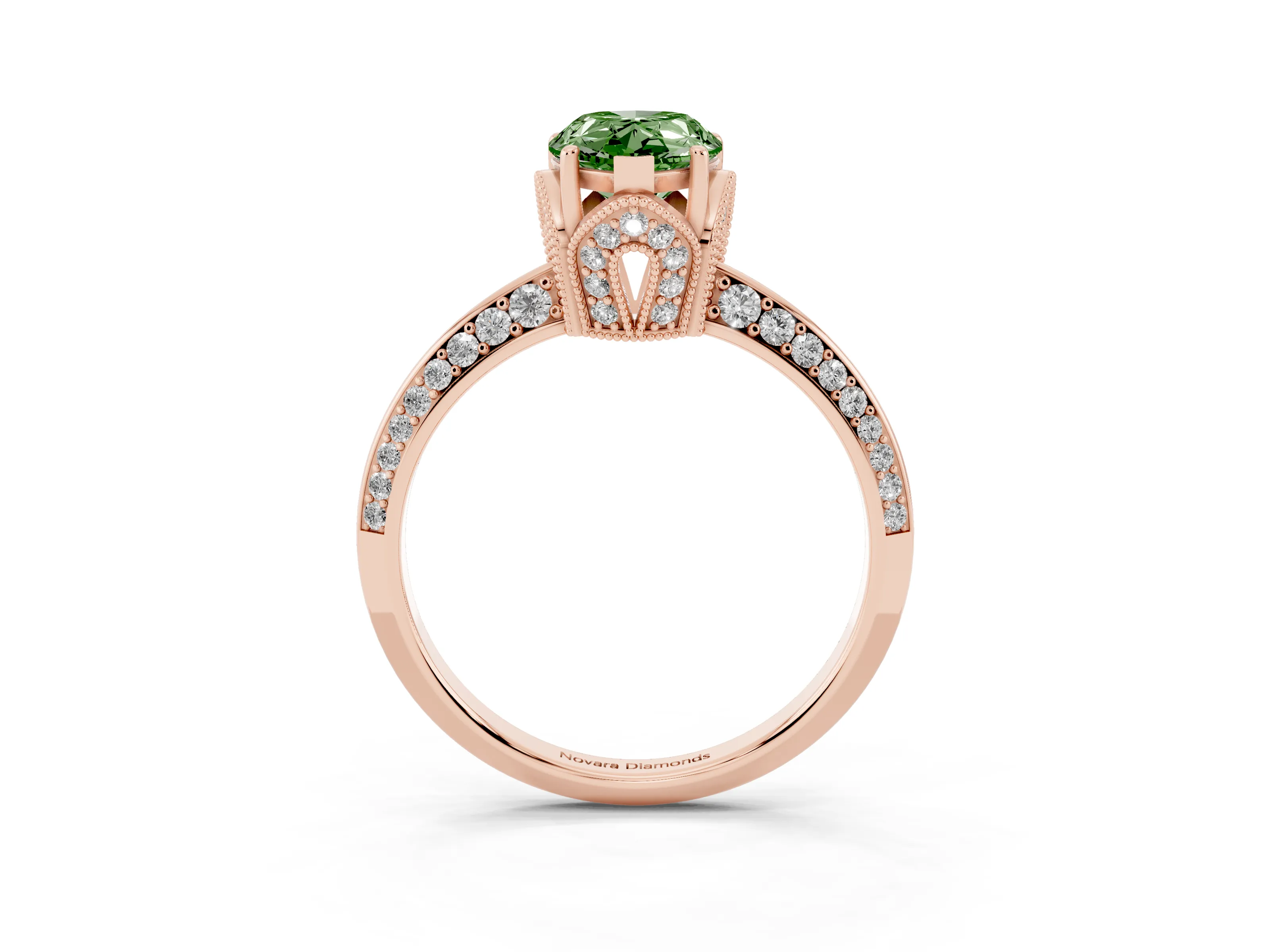 Fancy Green Pear Cut Diamond Solitaire Engagement Ring Set in Rose gold with Pavé Split Shank and Prong Setting