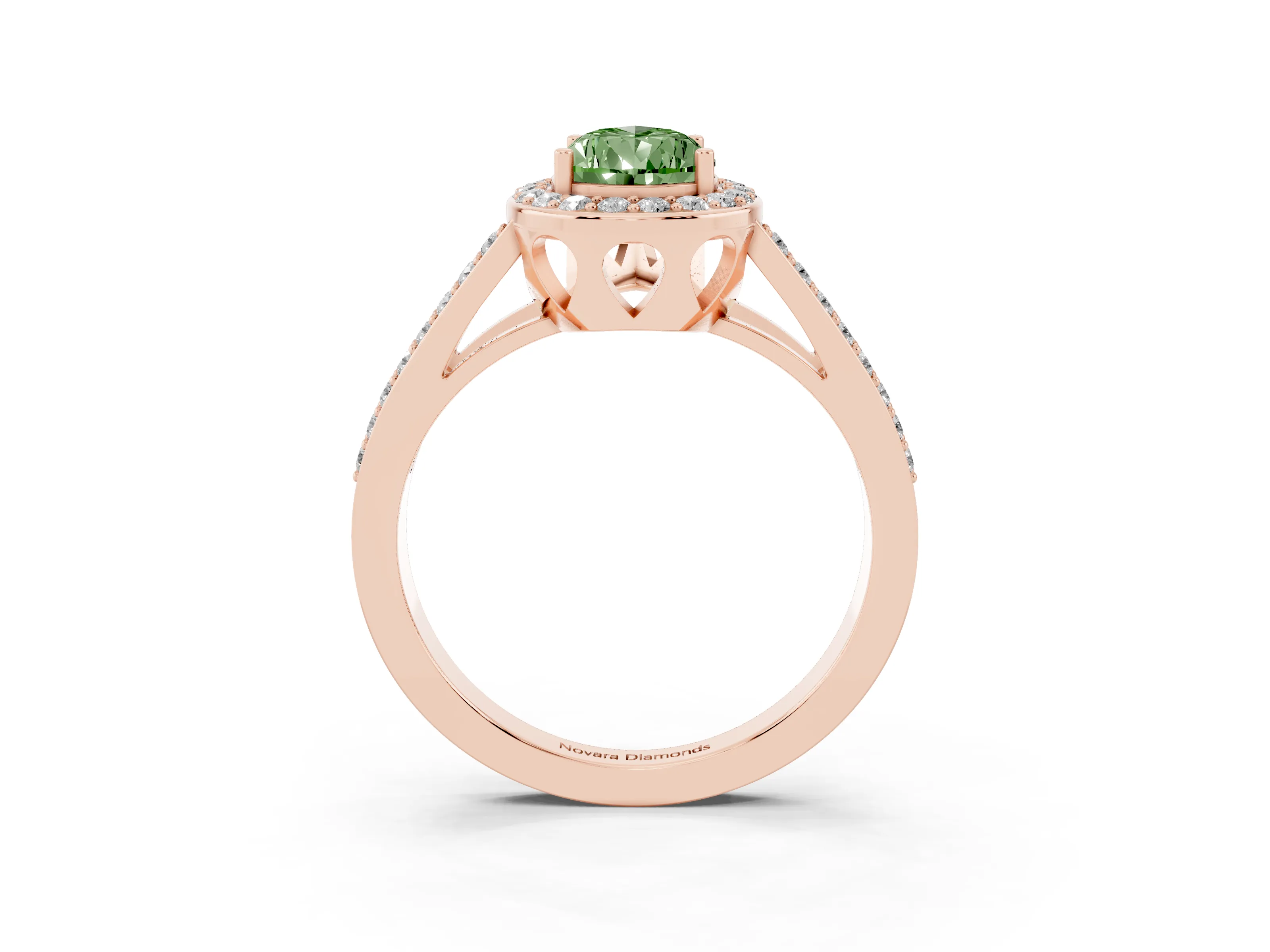Fancy Green Pear Cut Diamond Halo Ring Set in Rose gold with U-Prong Split Shank and Prong Setting