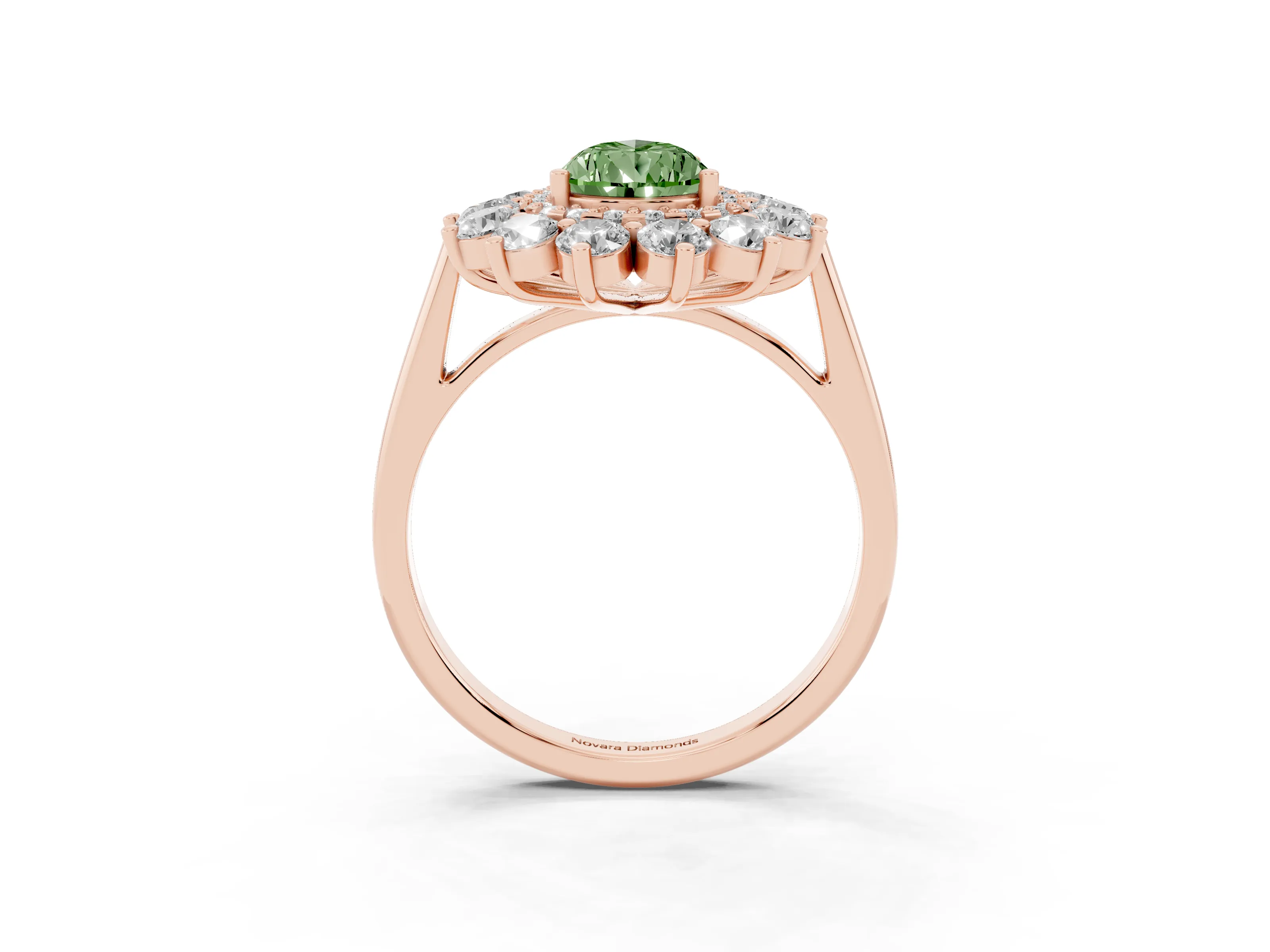 Fancy Green Pear Cut Diamond Floral Double Halo Ring Set in Rose gold with Round Petals