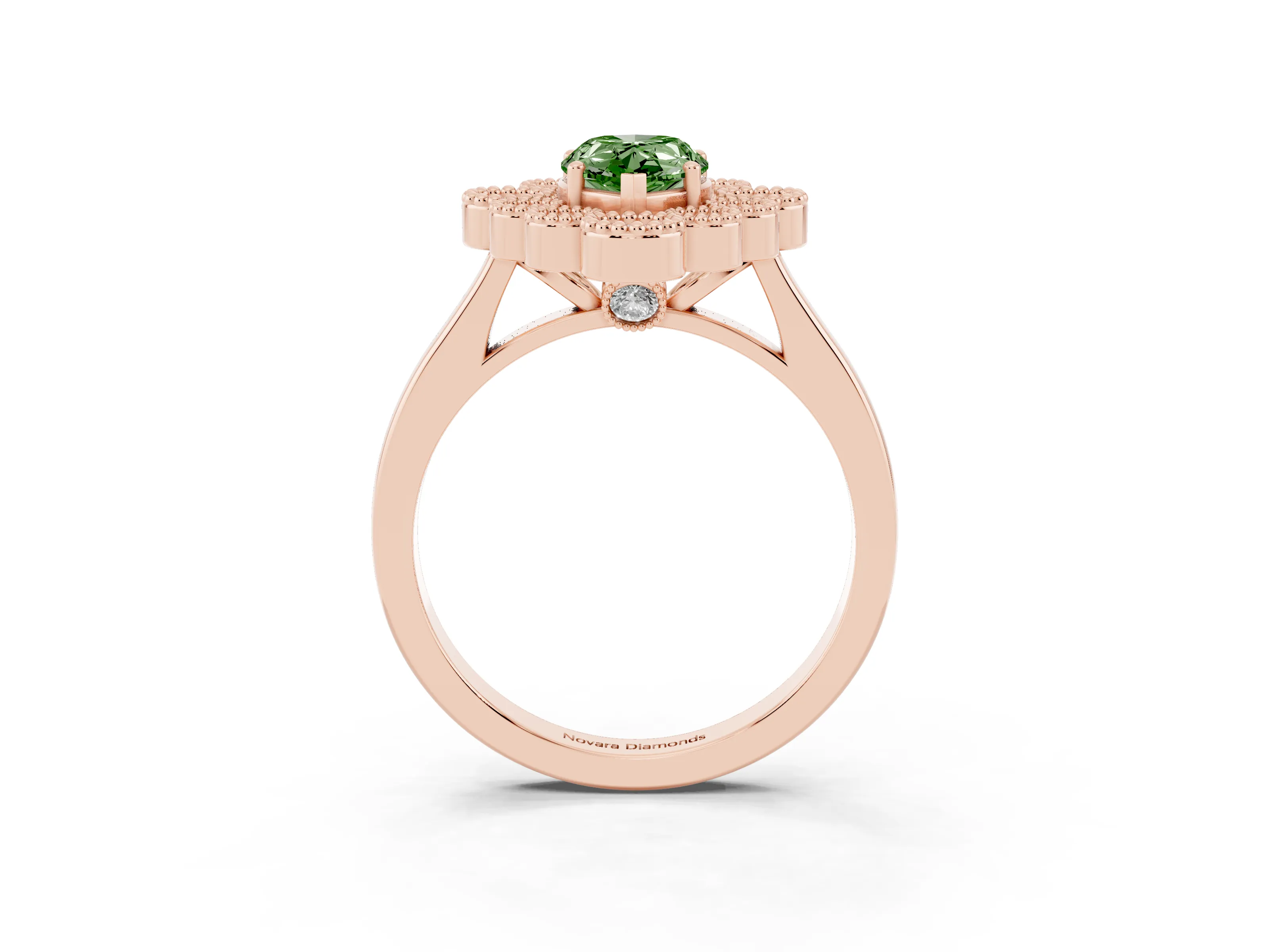 Fancy Green Pear Cut Diamond Cluster Halo Ring Set in Rose gold with Milgrain Bezel Accents and Plain Band