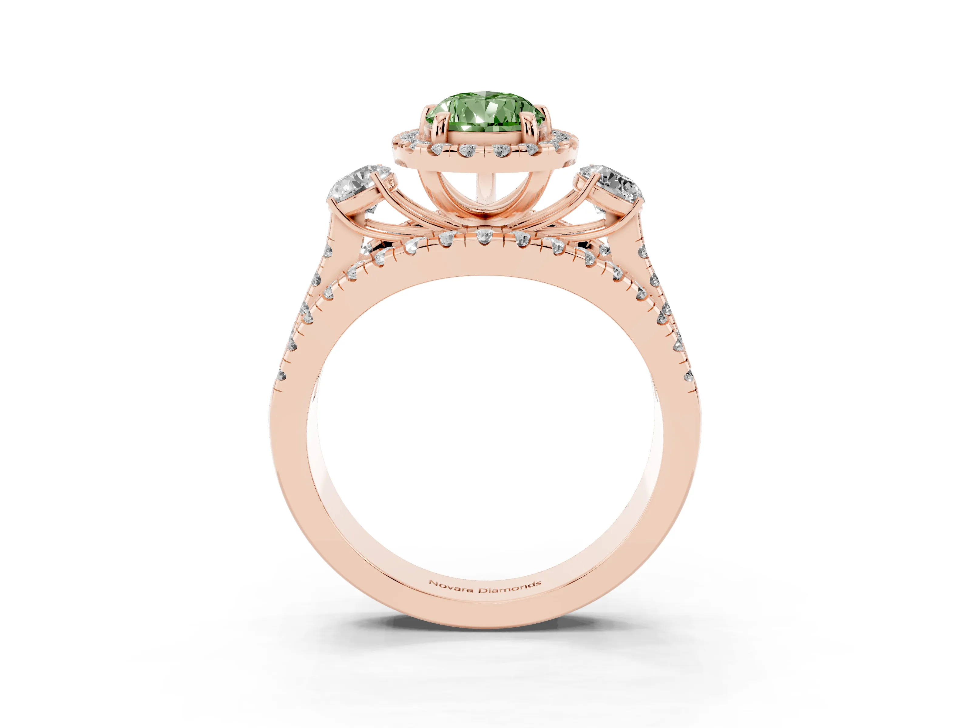 Fancy Green Pear Cut Diamond Halo Split Shank Ring Set in Rose gold with Round Accent Stones and Prong Setting
