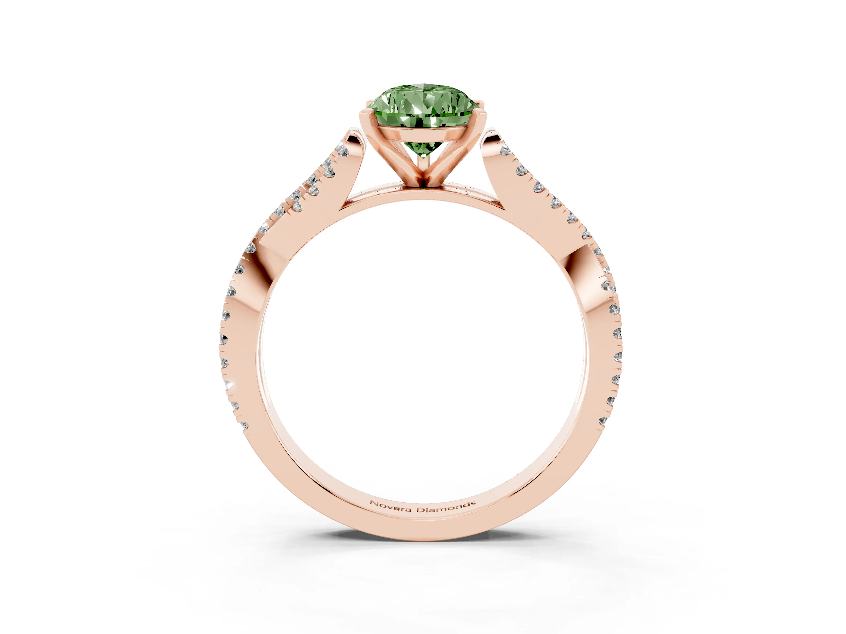 Fancy Green Pear Cut Diamond Solitaire Engagement Ring Set in Rose gold with Twisted Pavé Band and Prong Setting