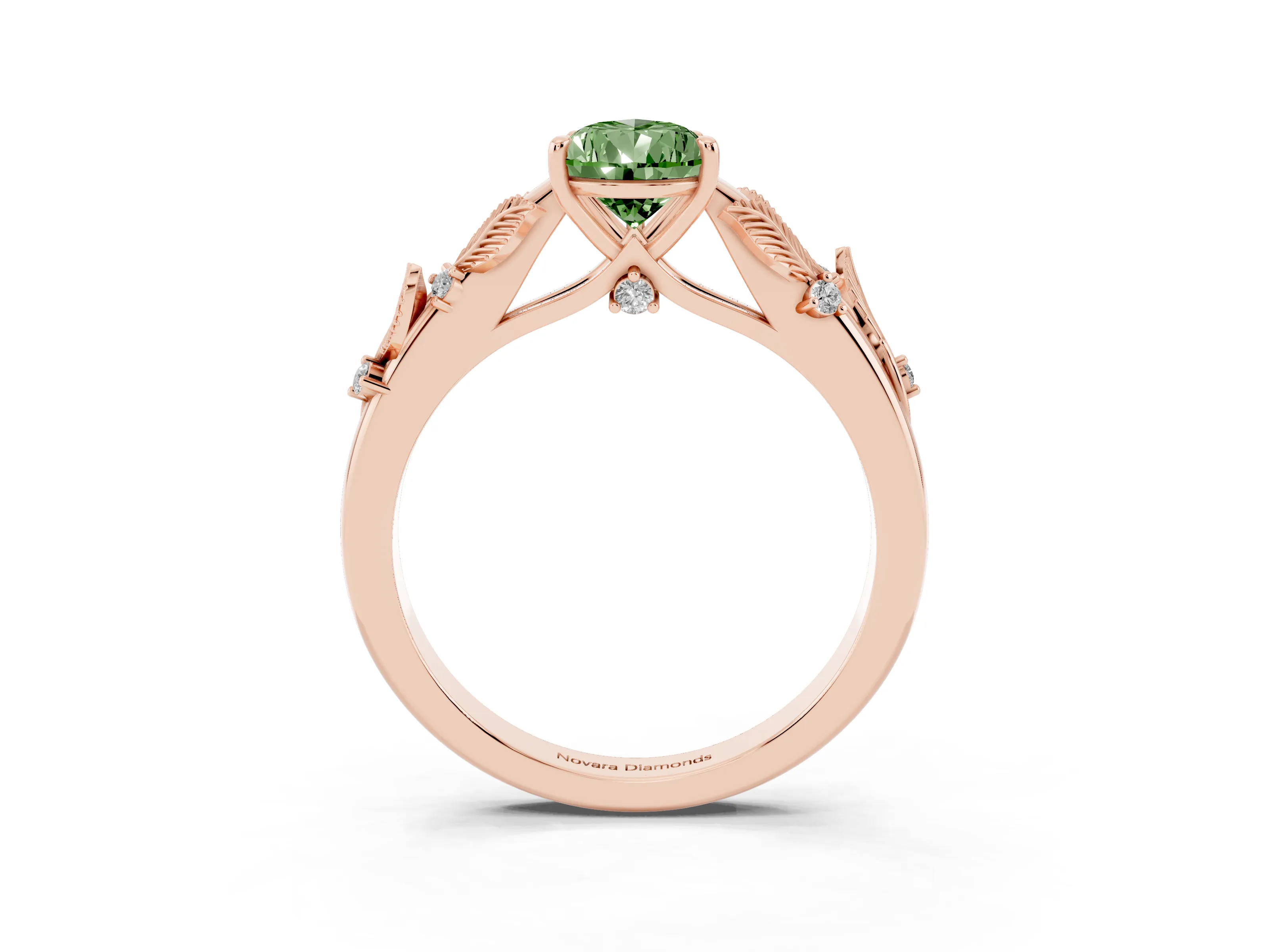 Fancy Green Pear Cut Diamond Solitaire Ring Set in Rose gold with Leaf Motif Band