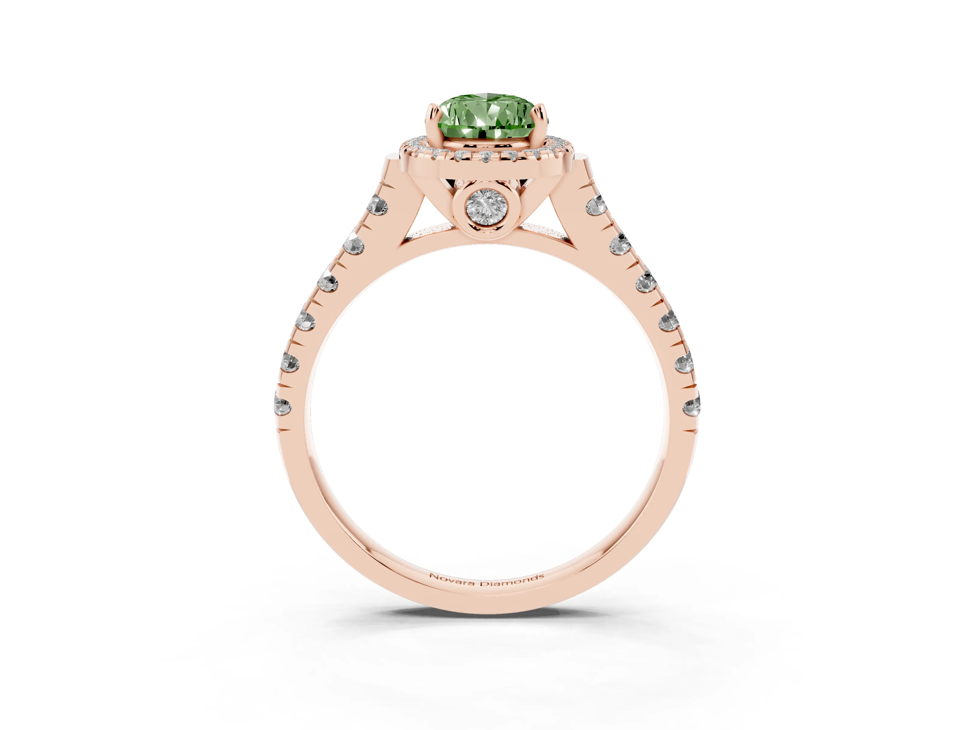 Fancy Green Pear Cut Diamond Halo Engagement Ring Set in Rose gold with Pavé Band and Prong-Set Center