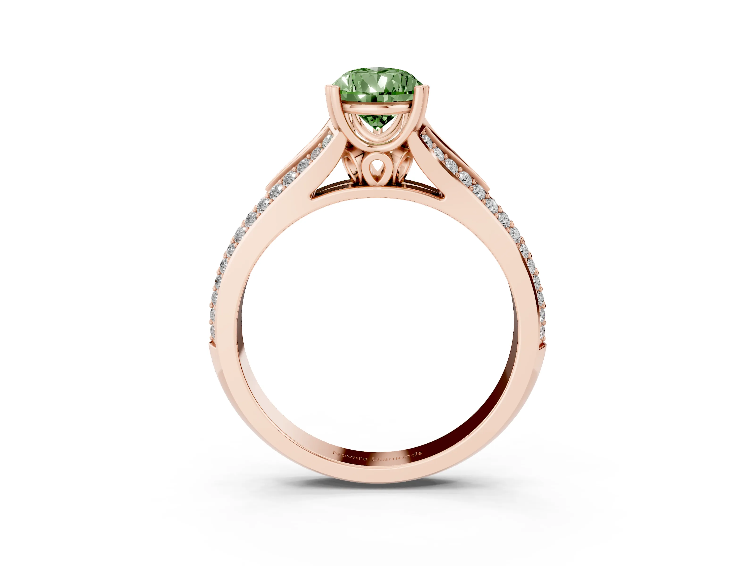 Fancy Green Pear Cut Diamond Split Shank Pavé Engagement Ring Set in Rose gold with Prong-Set Center Stone