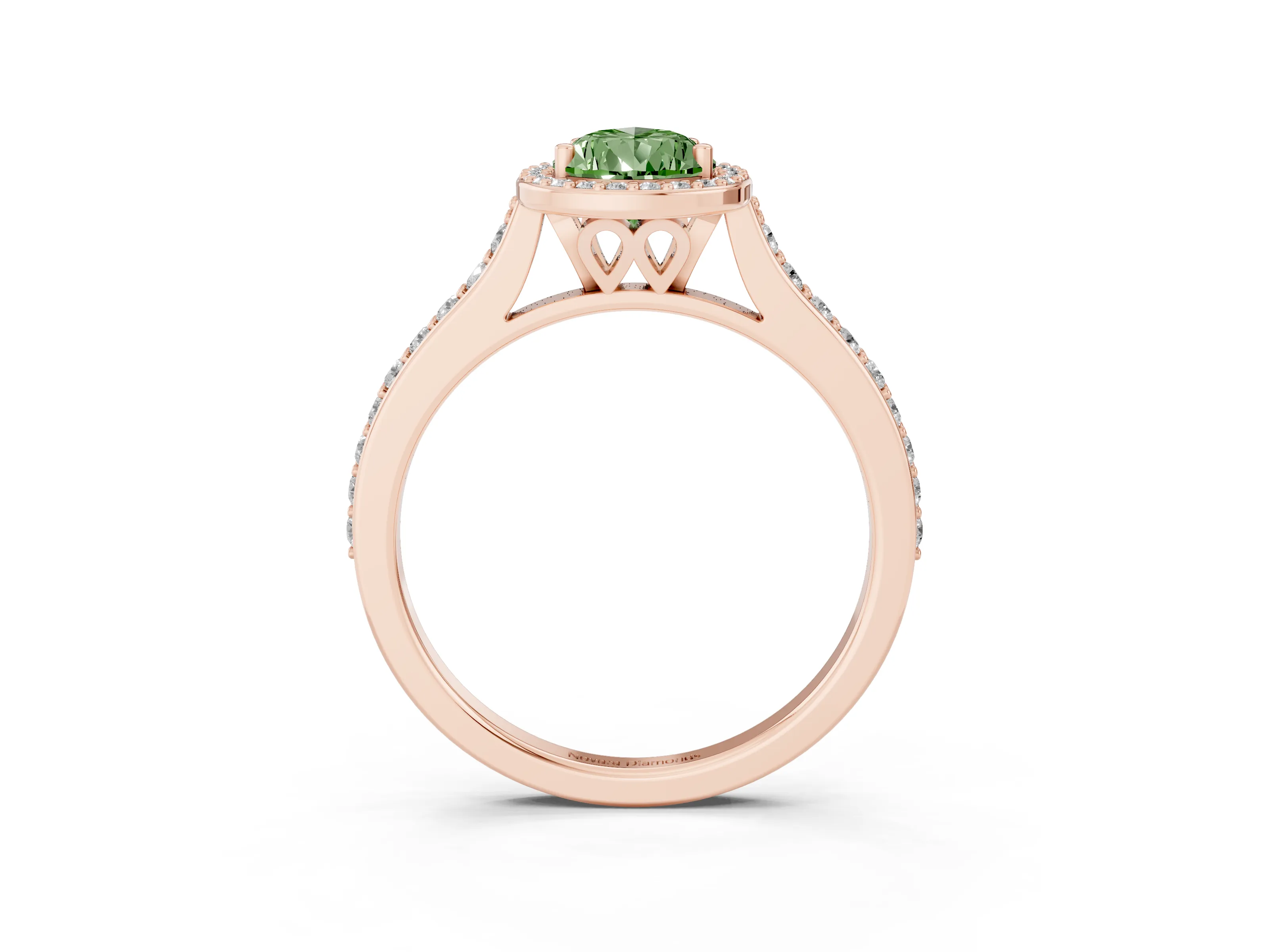 Fancy Green Pear Cut Diamond Halo Engagement Ring Set in Rose gold with Round Pavé Shoulders and Heart Gallery