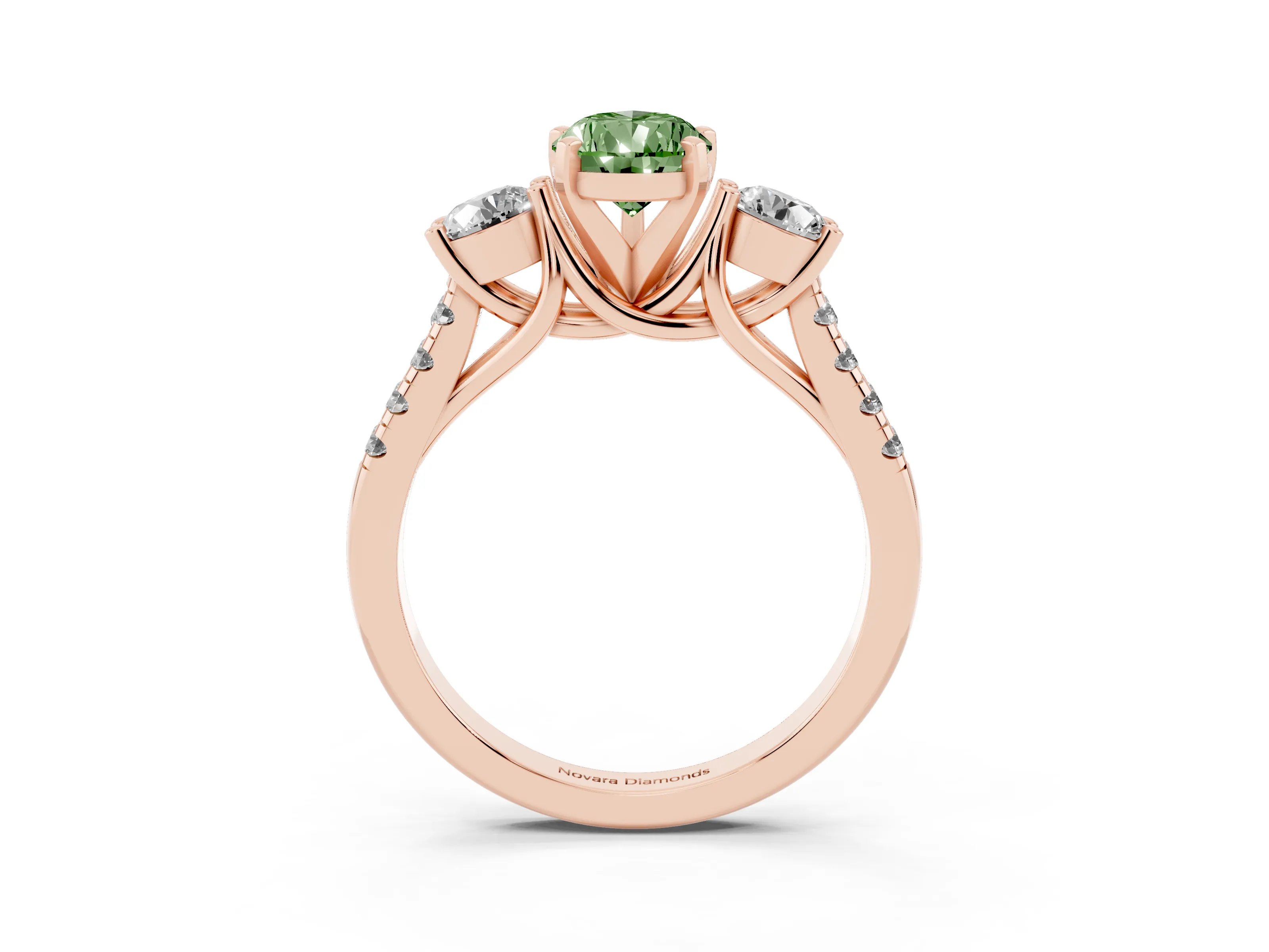 Fancy Green Three-Stone Pear Cut Diamond Pavé Band Ring Set in Rose gold with Prong-Set Trio
