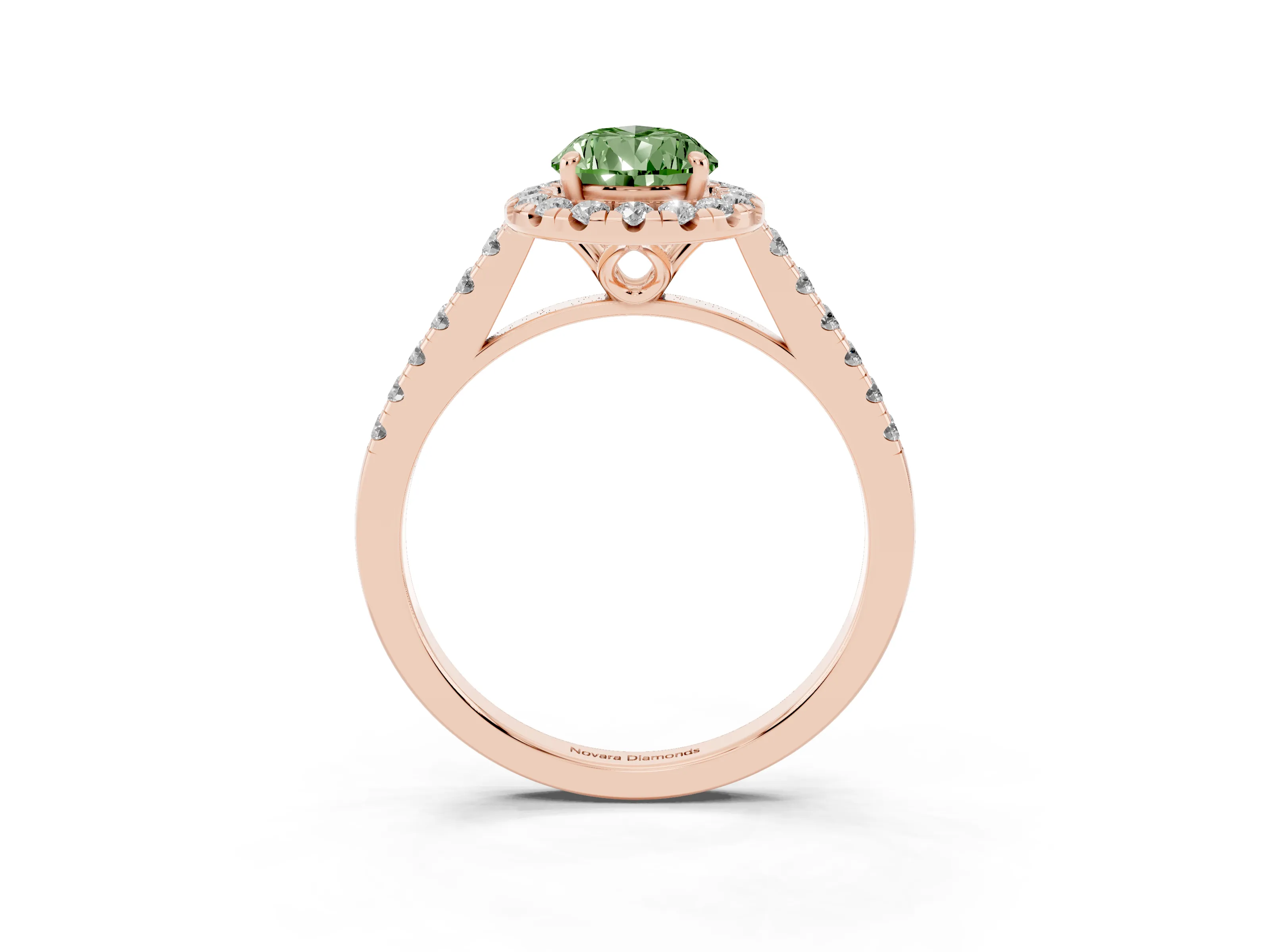 Fancy Green Pear Cut Diamond Pavé Halo Engagement Ring Set in Rose gold with Pavé Band and Prong Setting