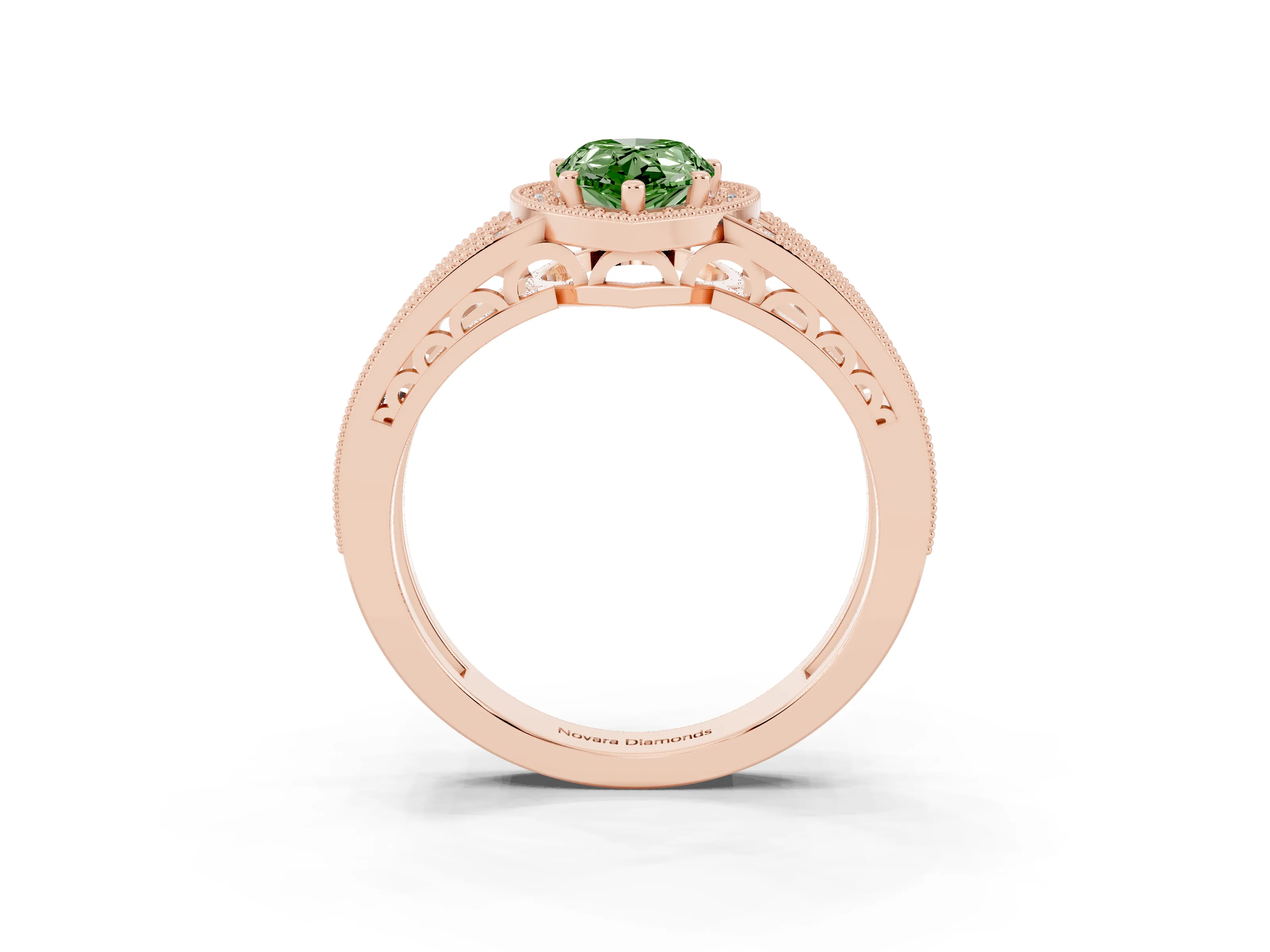 Fancy Green Pear Cut Diamond Halo Ring Set in Rose gold with Accent Split Shank and Prong Setting
