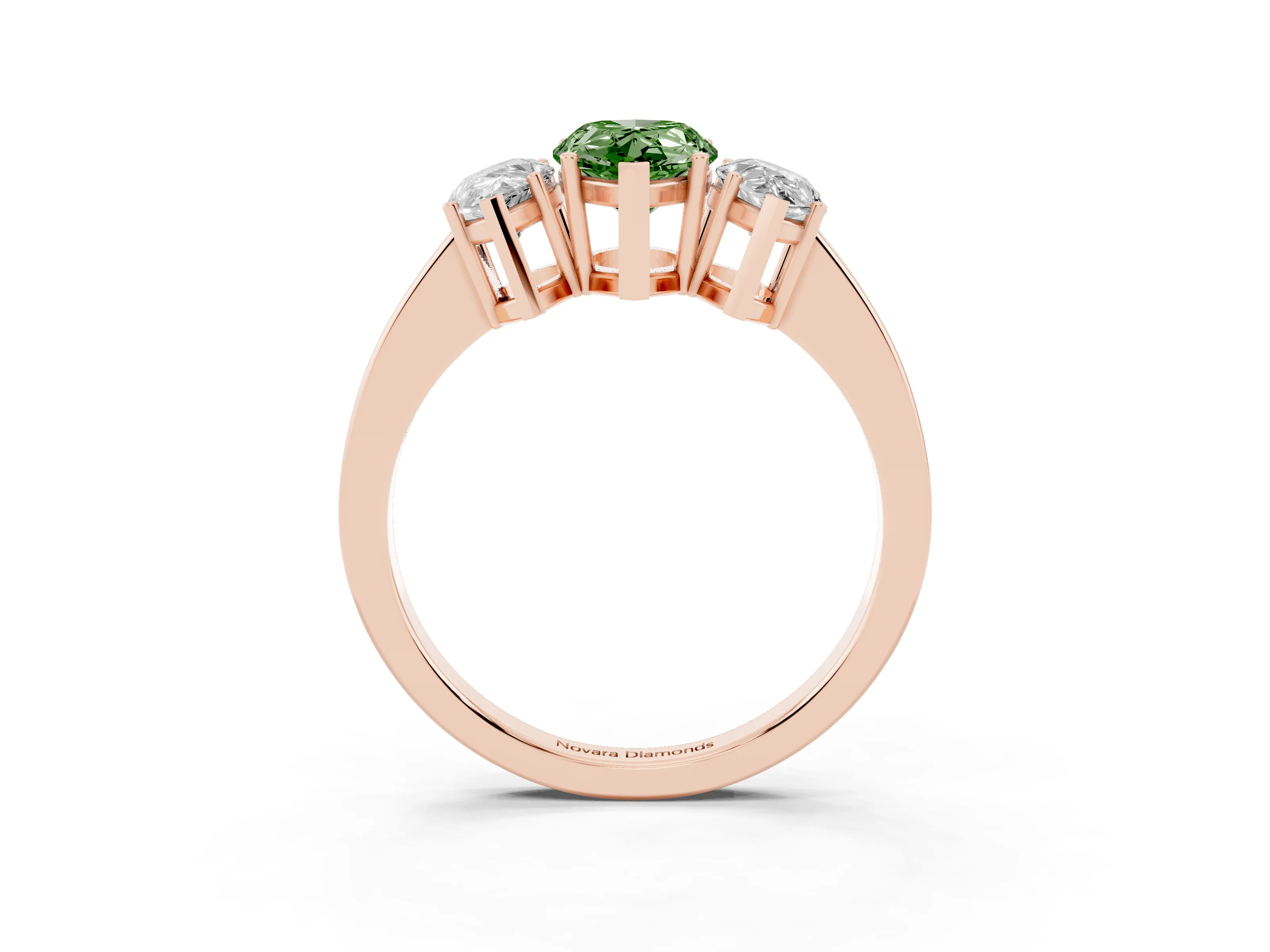 Fancy Green Pear Cut Diamond Three-Stone Engagement Ring Set in Rose gold with Flat Band