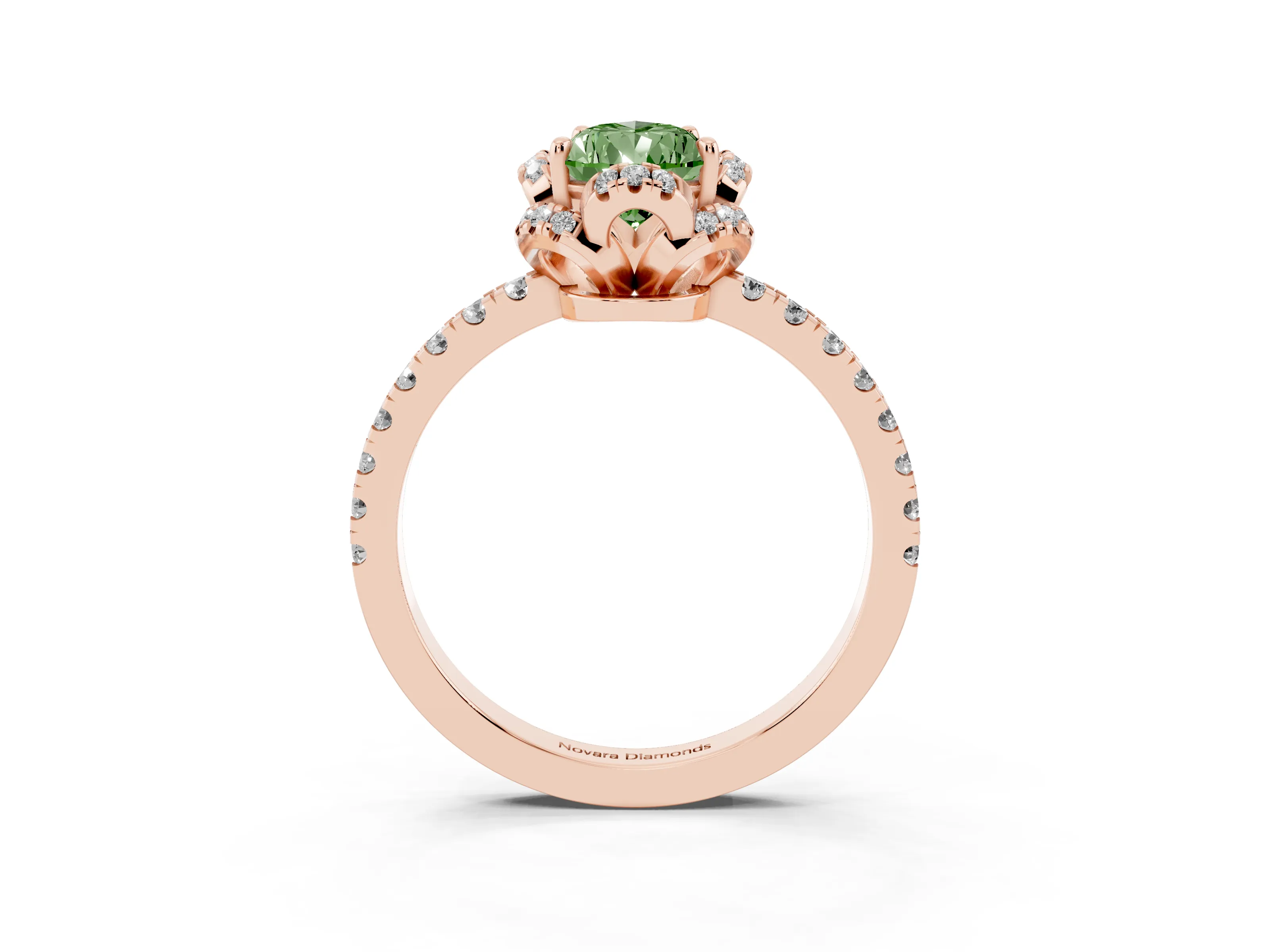Fancy Green Pear Cut Diamond Halo Pavé Band Ring Set in Rose gold with Prong-Held Center