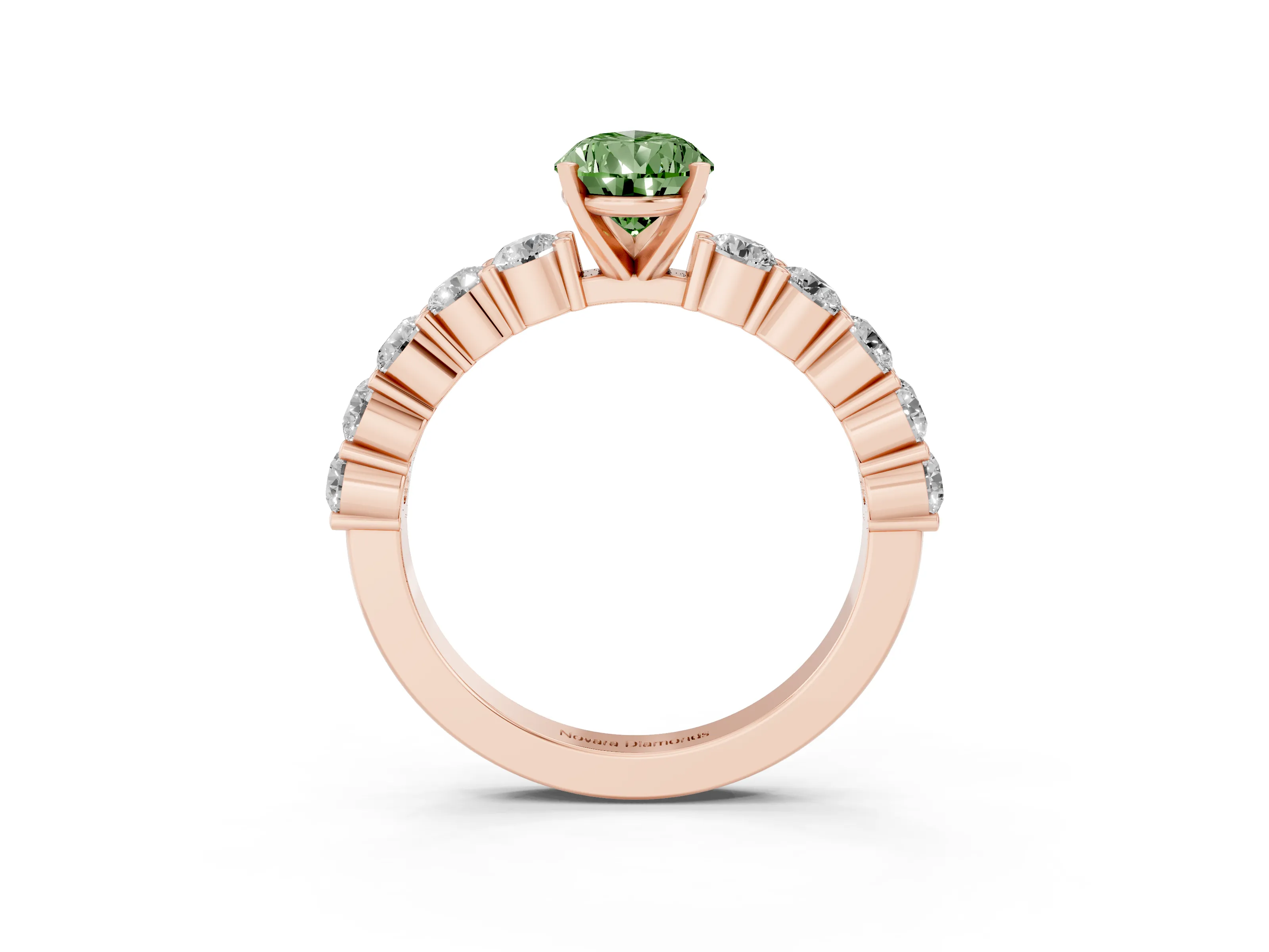Fancy Green Pear Cut Diamond Solitaire Ring Set in Rose gold with Shared Prong Round Side Stones