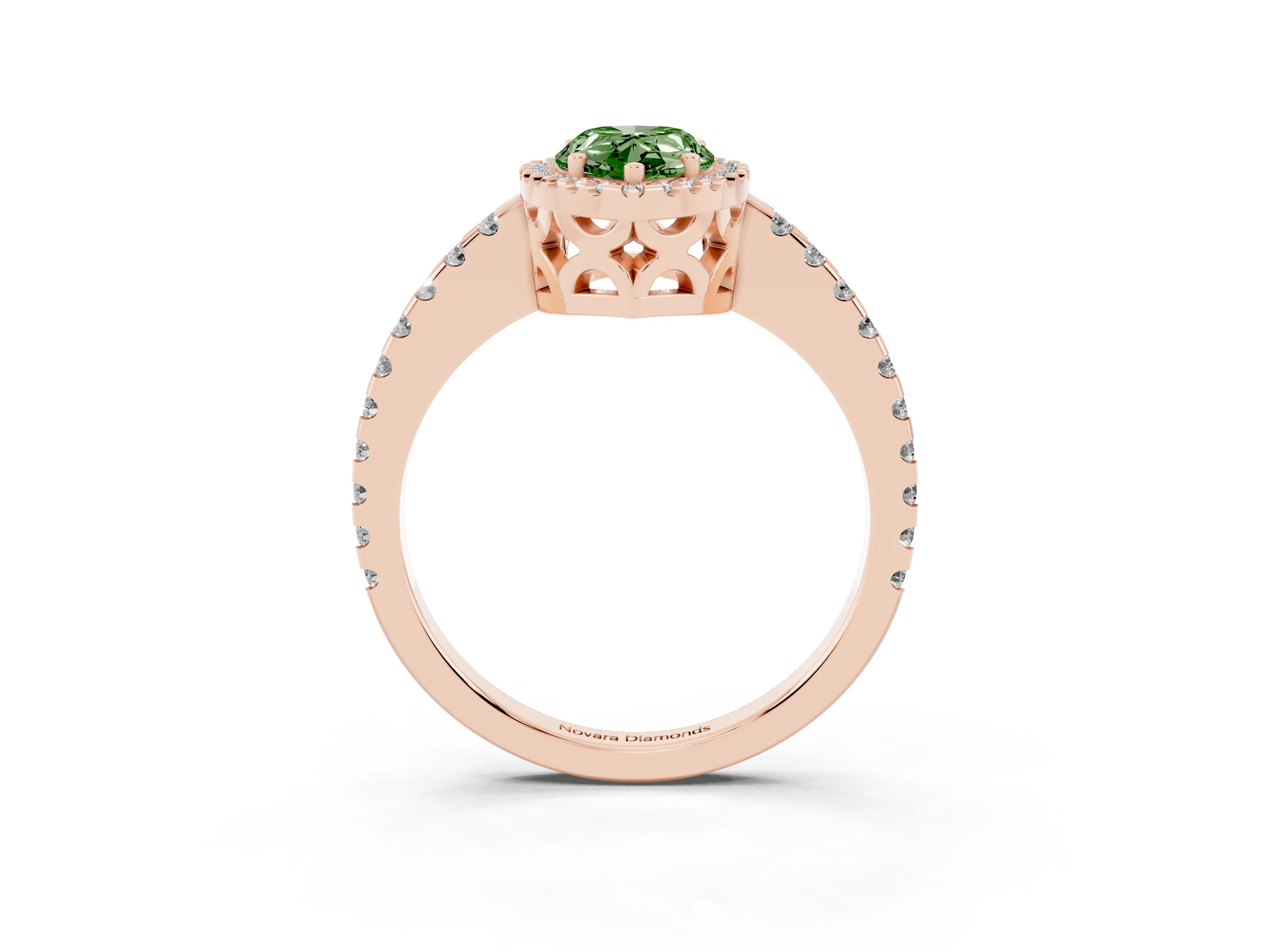 Fancy Green Pear Cut Diamond Halo Ring Set in Rose gold with Pavé Shoulders and Halo-Framed Center