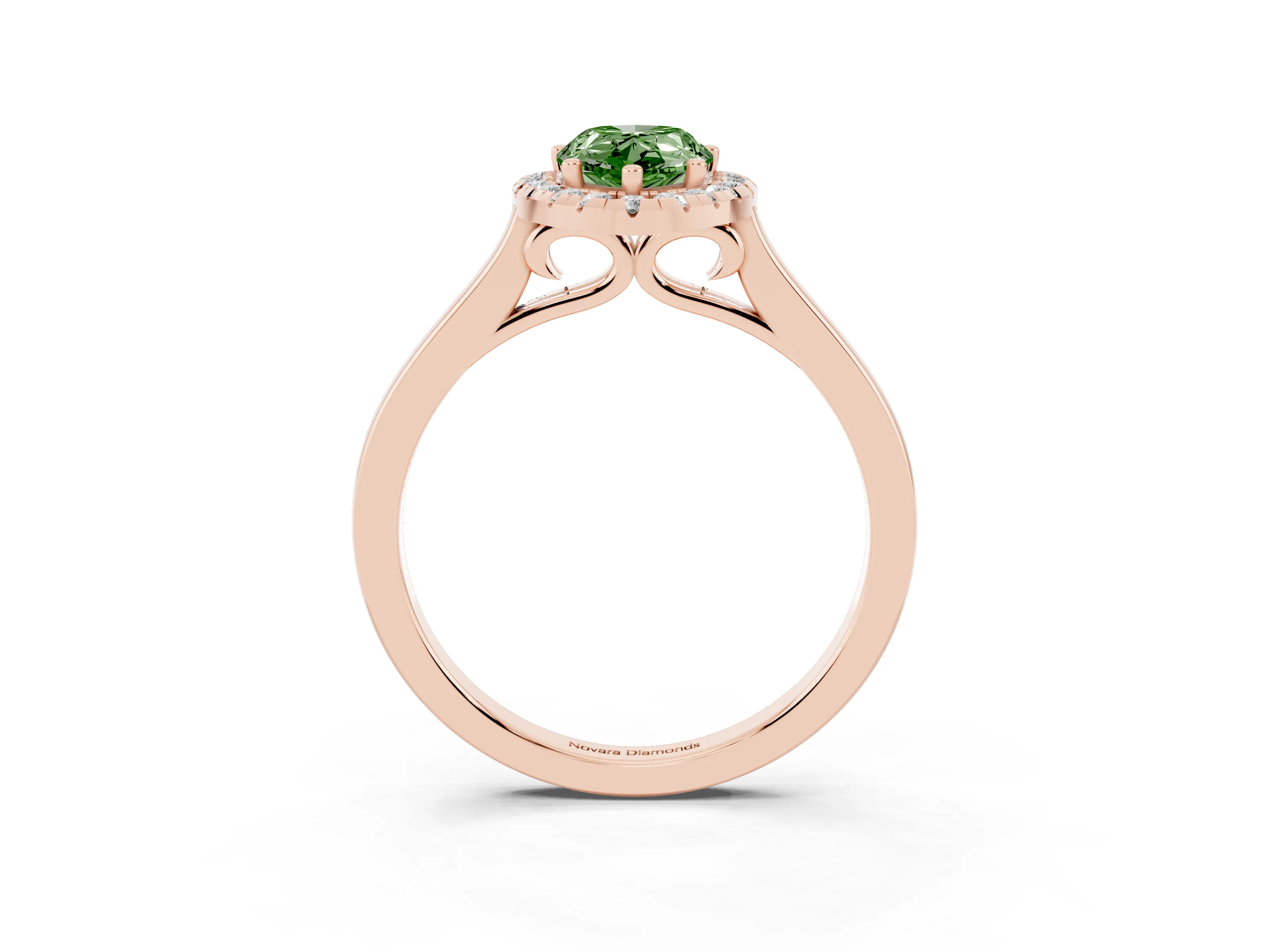 Fancy Green Pear Cut Halo Round Diamond Solitaire Ring Set in Rose gold with Pavé Band and Prong Setting