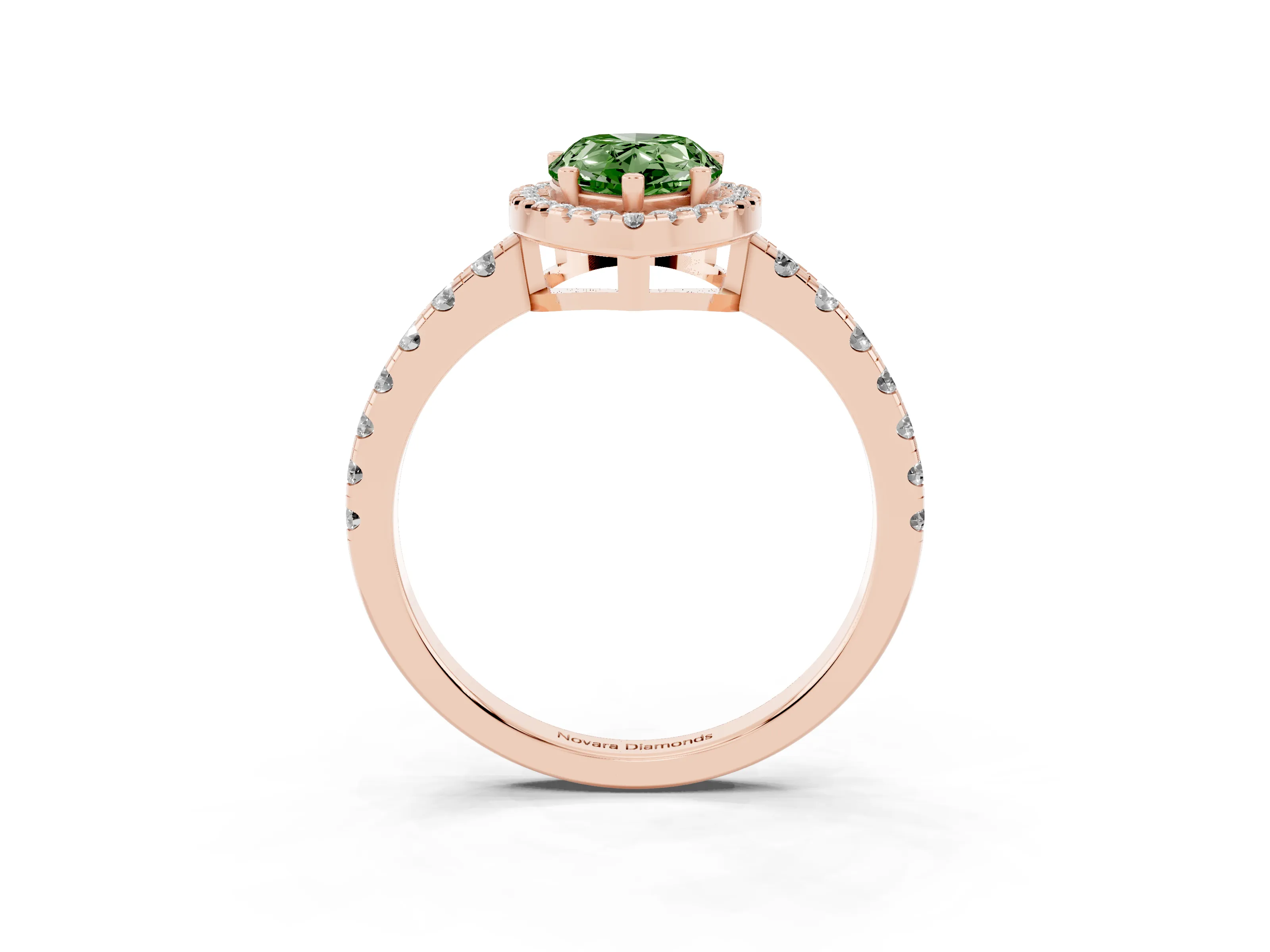Fancy Green Pear Cut Diamond Halo Ring Set in Rose gold with Delicate Pavé Band and Prong Setting
