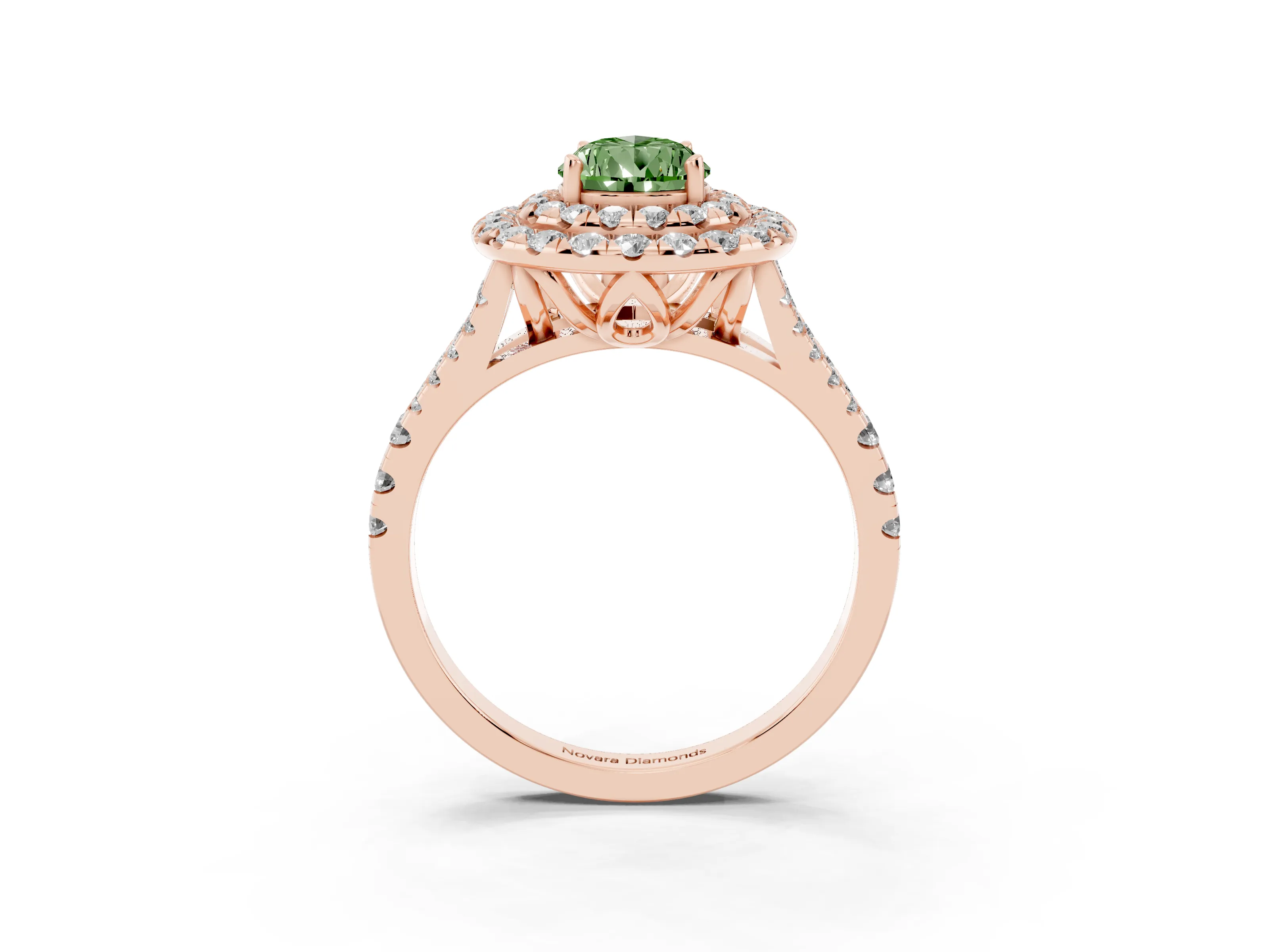 Fancy Green Pear Cut Diamond Double Halo Ring Set in Rose gold with Pavé Split Shank and Prong Setting