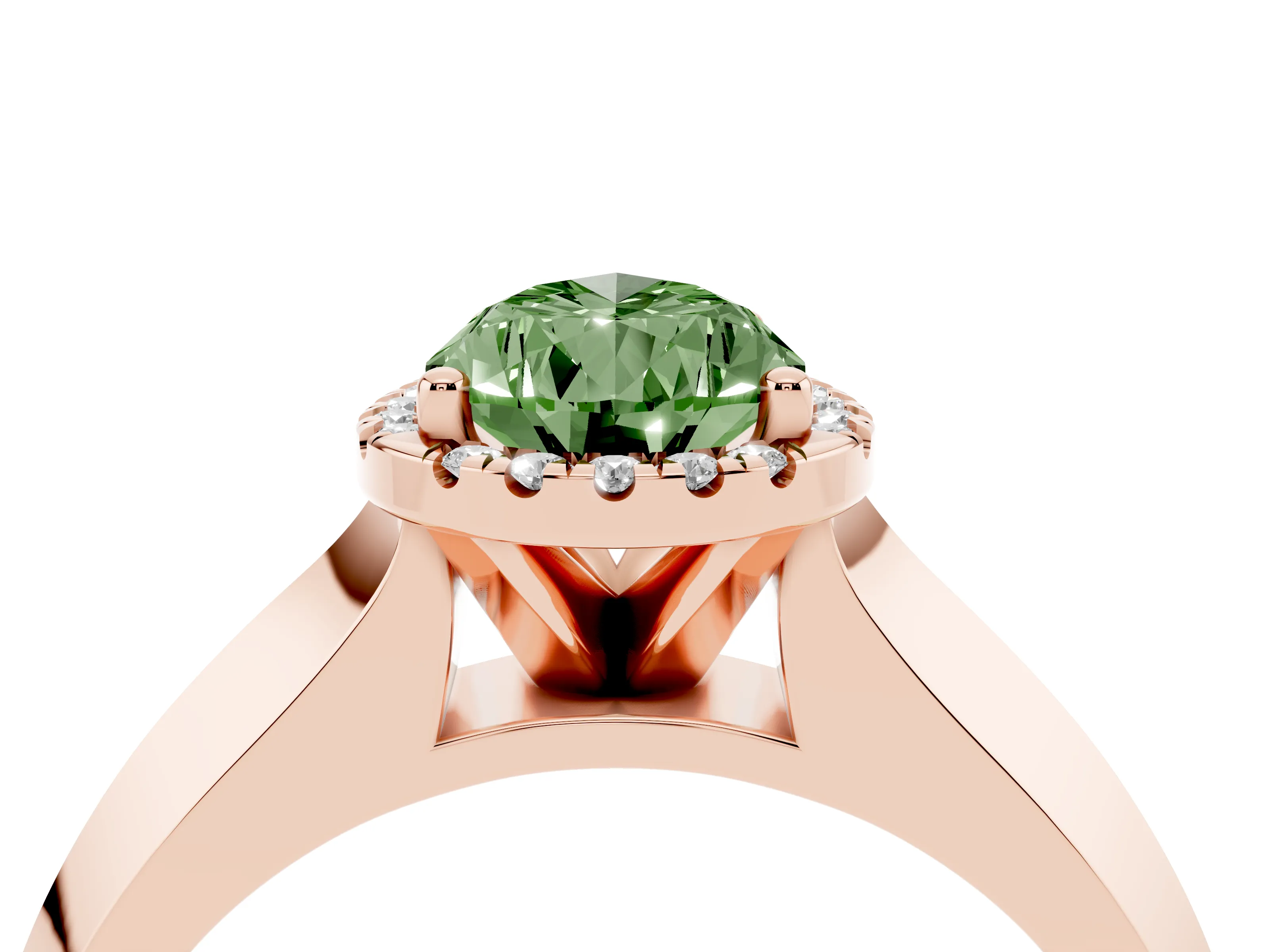 Fancy Green Pear Cut Diamond Halo Ring Set in Rose gold with Cathedral Band and Prong Setting