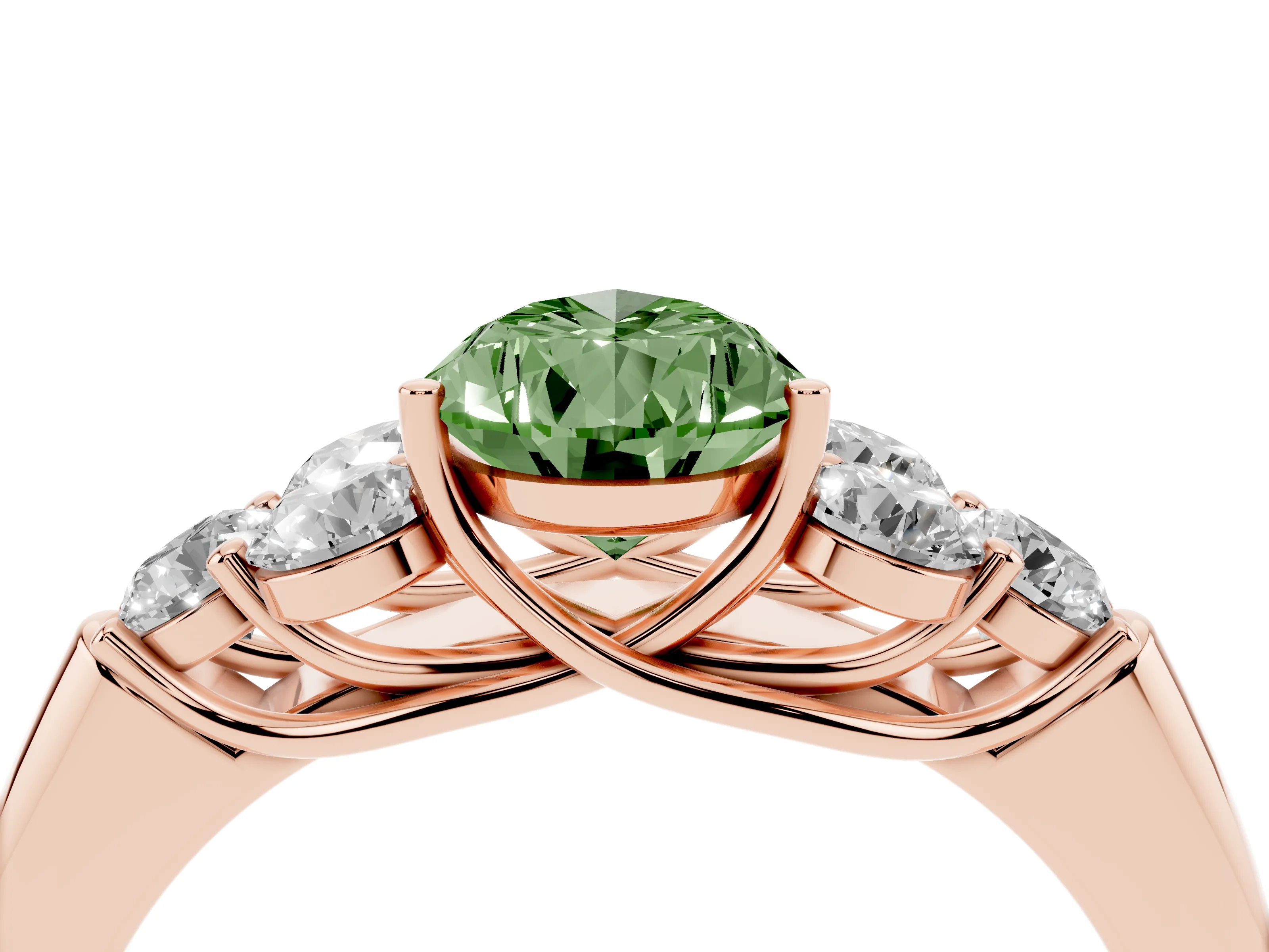 Fancy Green Pear Cut Diamond Cluster Ring Set in Rose gold with Round Accent Stones and Prong Setting on a Plain Band