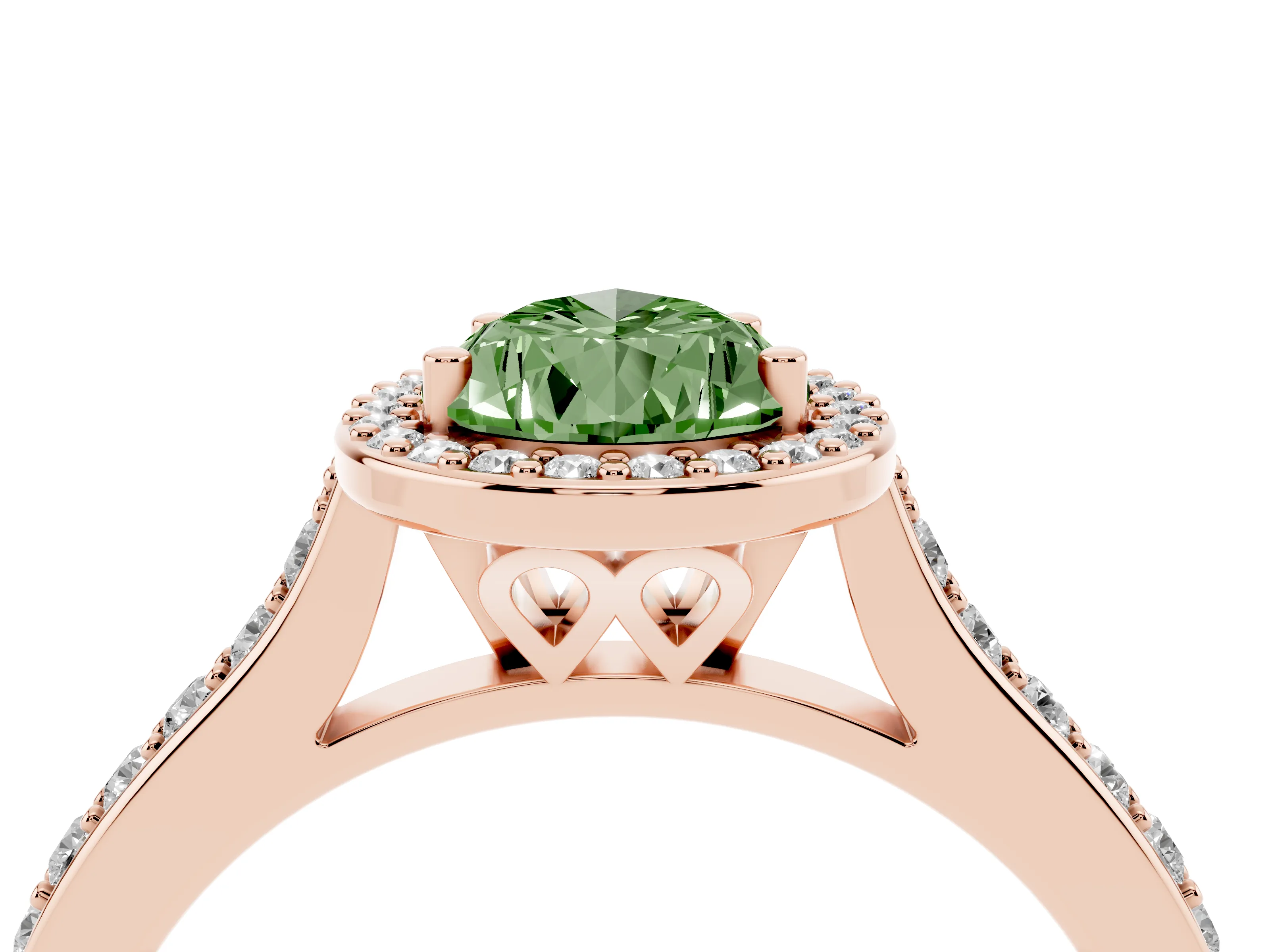 Fancy Green Pear Cut Diamond Halo Engagement Ring Set in Rose gold with Round Pavé Shoulders and Heart Gallery