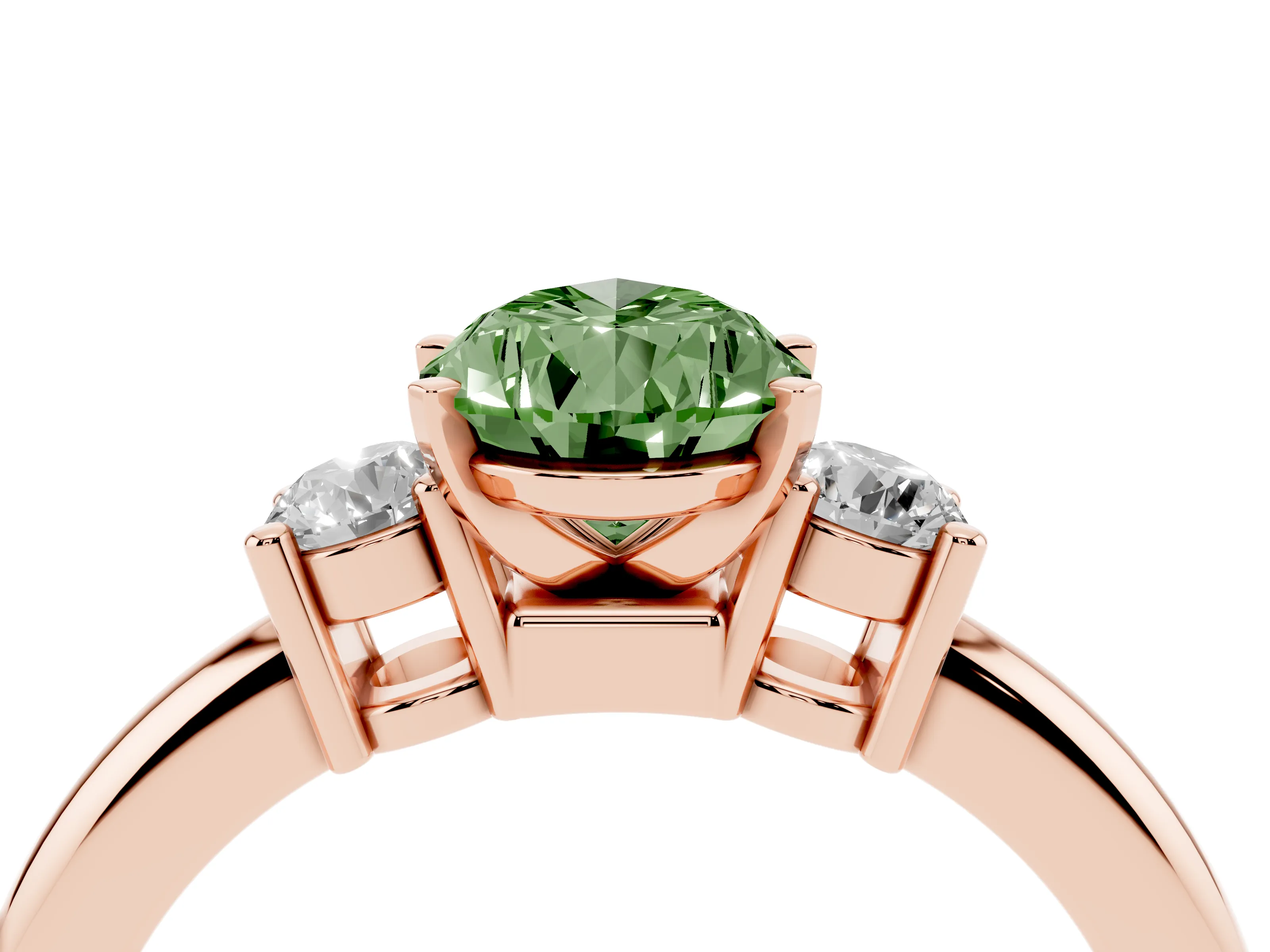 Fancy Green Three-Stone Pear Cut Diamond Ring Set in Rose gold with Prong Setting and Plain Band