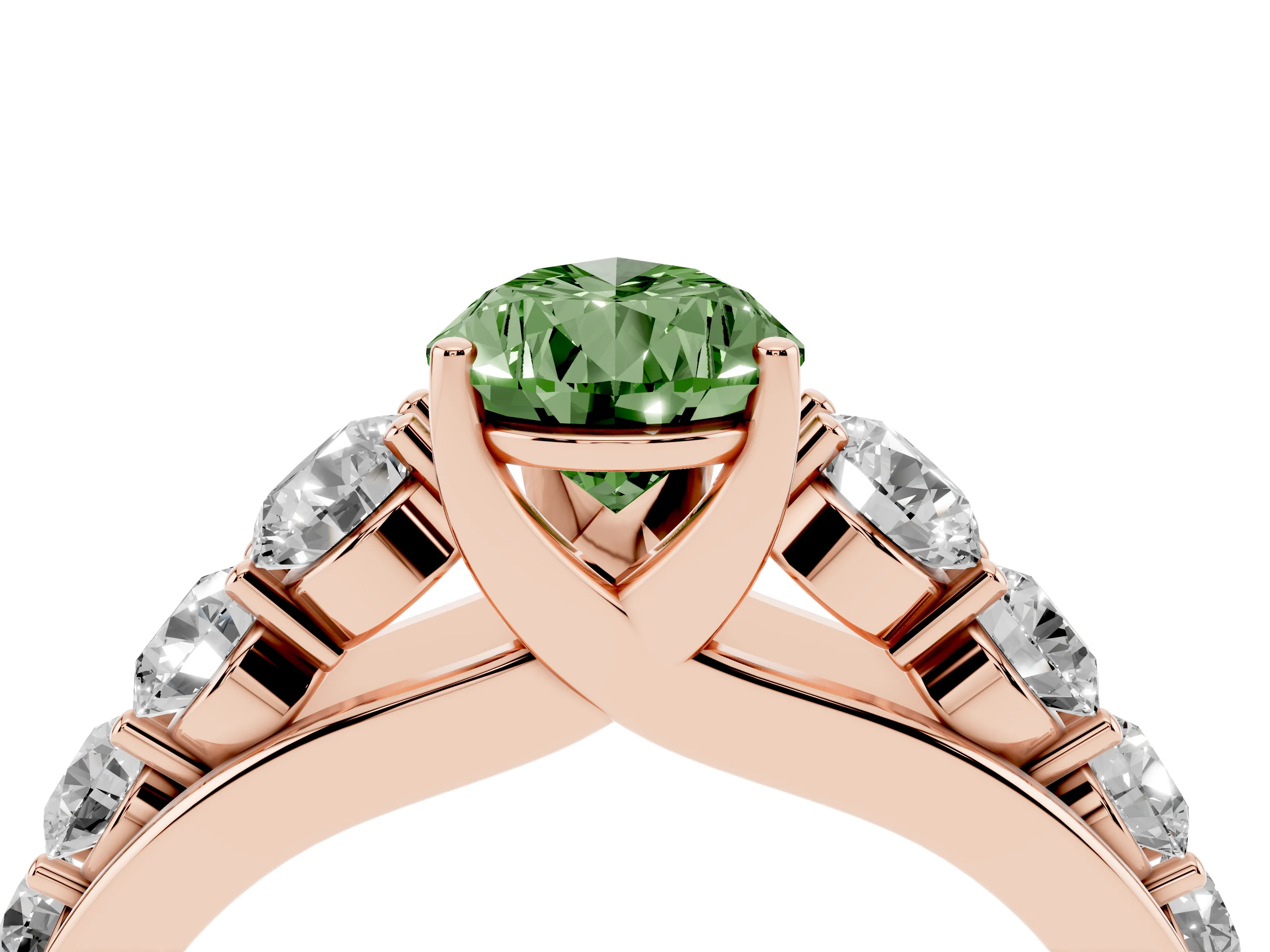 Fancy Green Pear Cut Diamond Solitaire Ring Set in Rose gold with Pavé-Set Band and Prong Setting