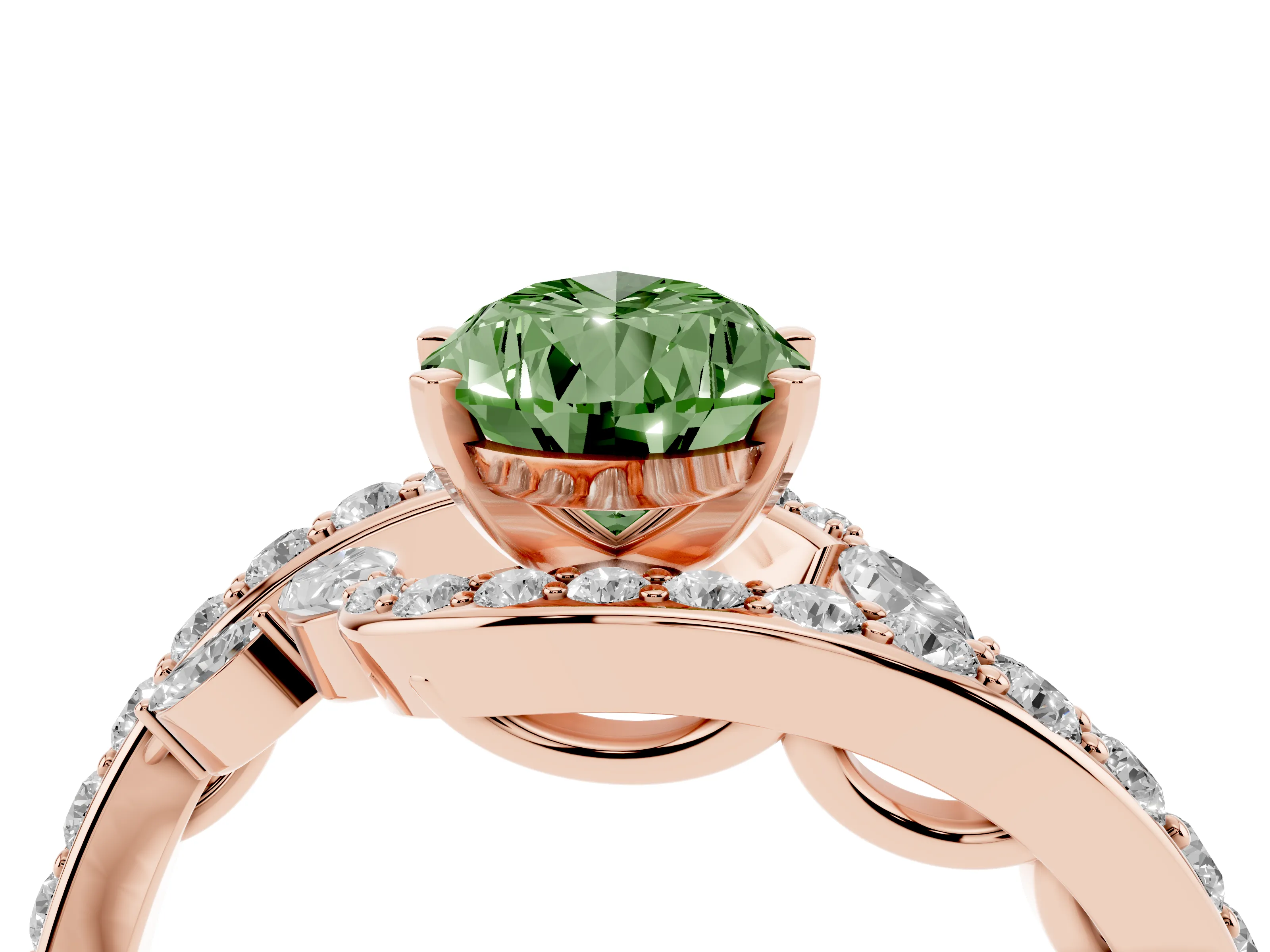 Fancy Green Pear Cut Diamond Solitaire Ring Set in Rose gold with Pavé Twist Band and Secure Prong Setting
