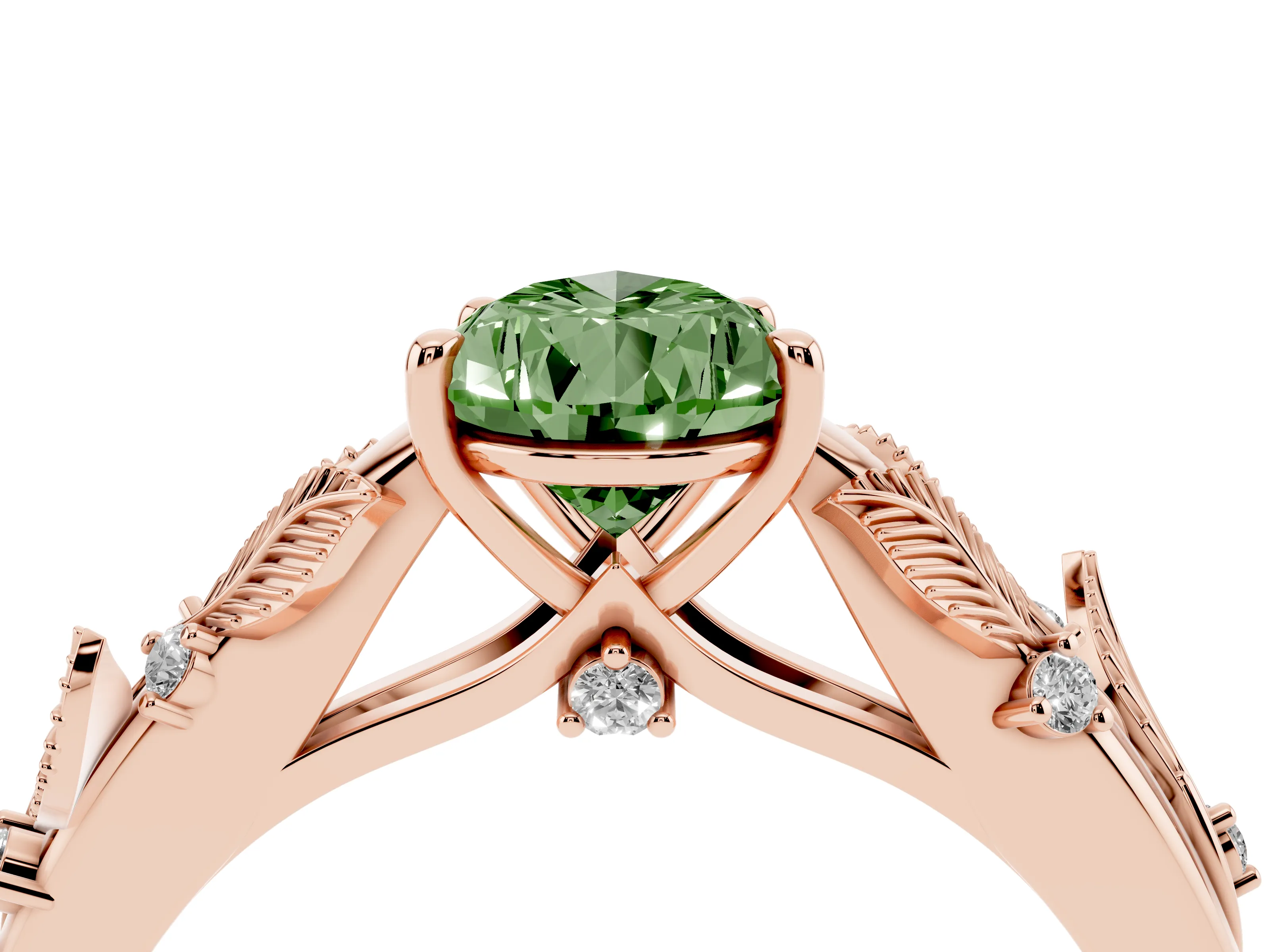 Fancy Green Pear Cut Diamond Solitaire Ring Set in Rose gold with Leaf Motif Band