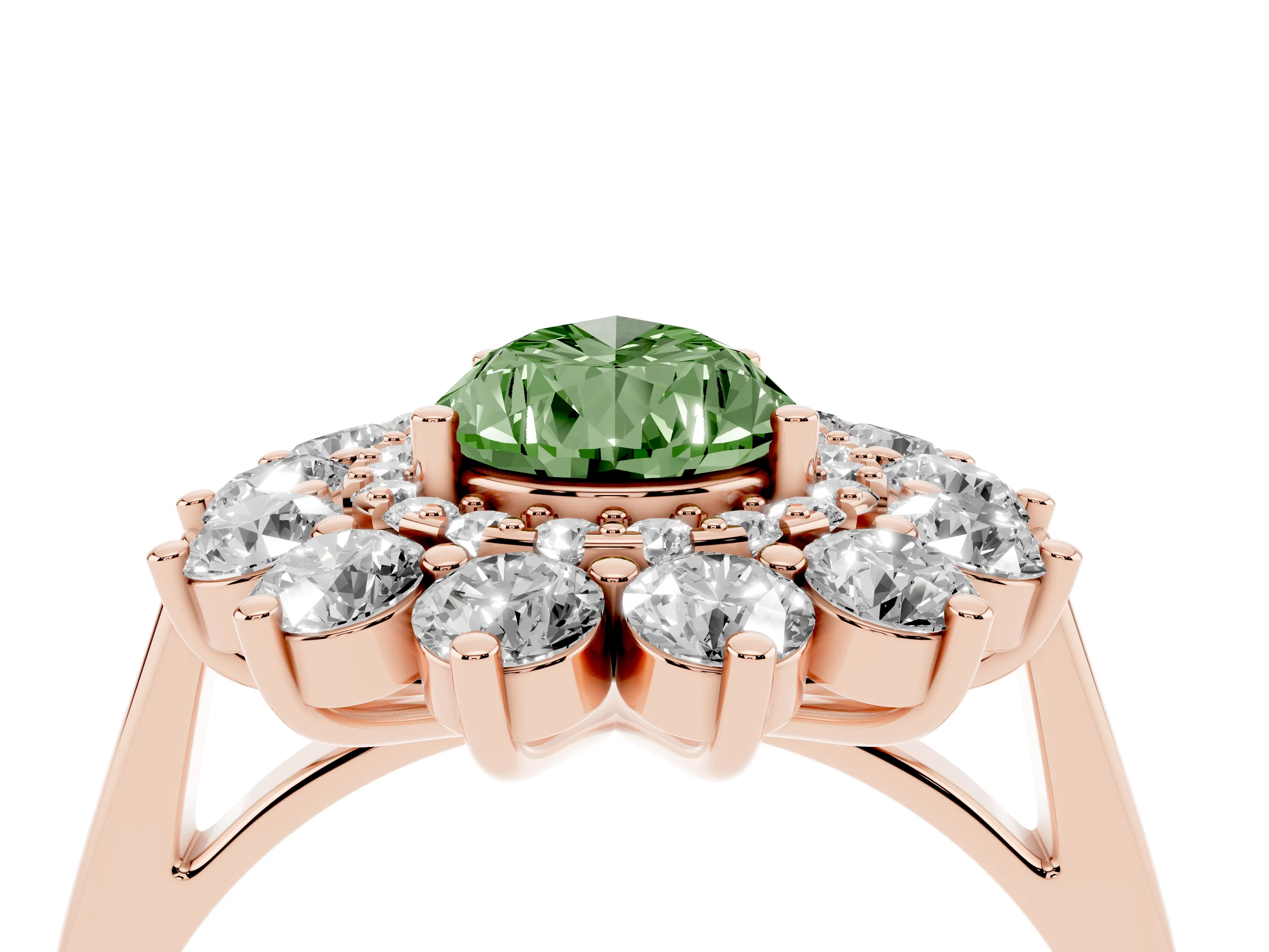 Fancy Green Pear Cut Diamond Floral Double Halo Ring Set in Rose gold with Round Petals