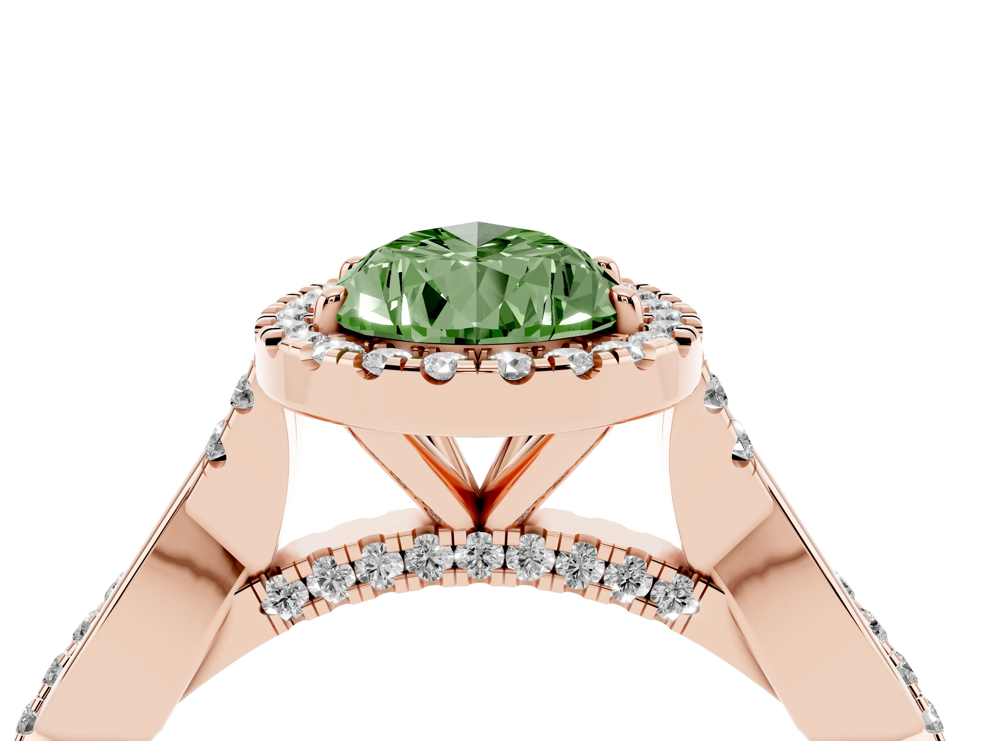 Fancy Green Pear Cut Diamond Halo Twist Band Solitaire Ring Set in Rose gold with Prong Setting