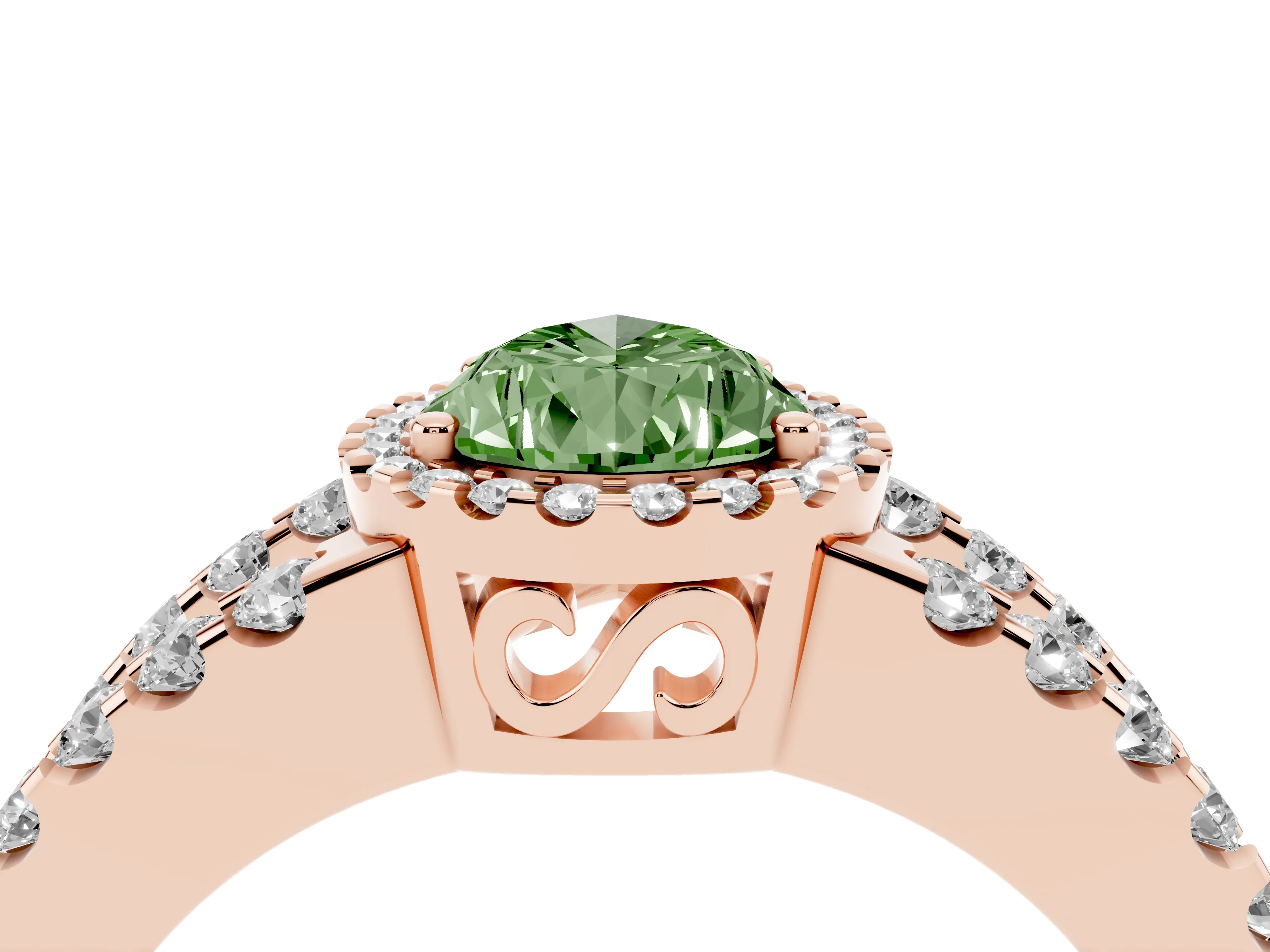 Fancy Green Pear Cut Diamond Halo Ring Set in Rose gold with Pavé Split Shank and Prong Setting