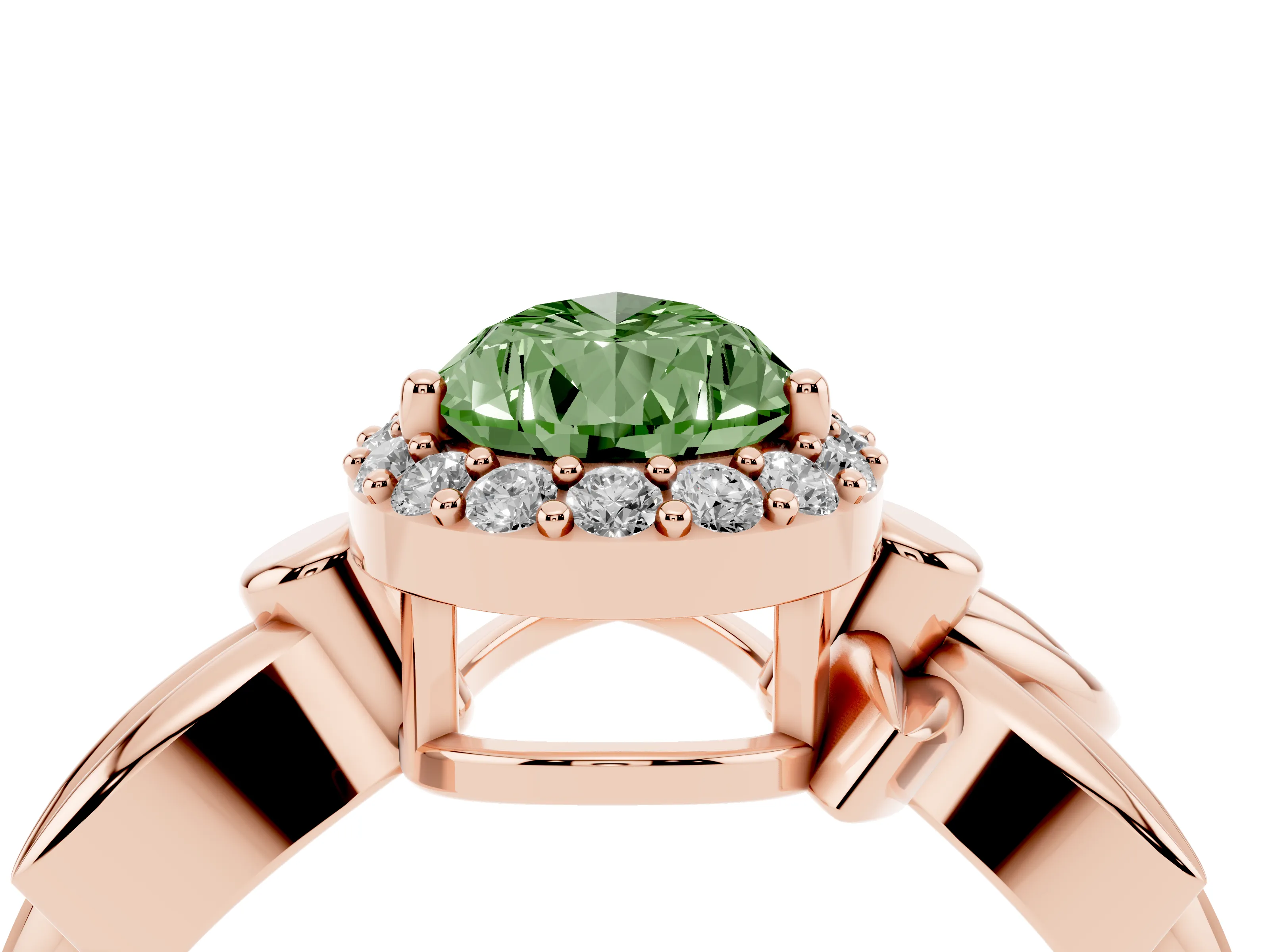 Fancy Green Pear Cut Diamond Halo Floral Band Ring Set in Rose gold with Prong Setting