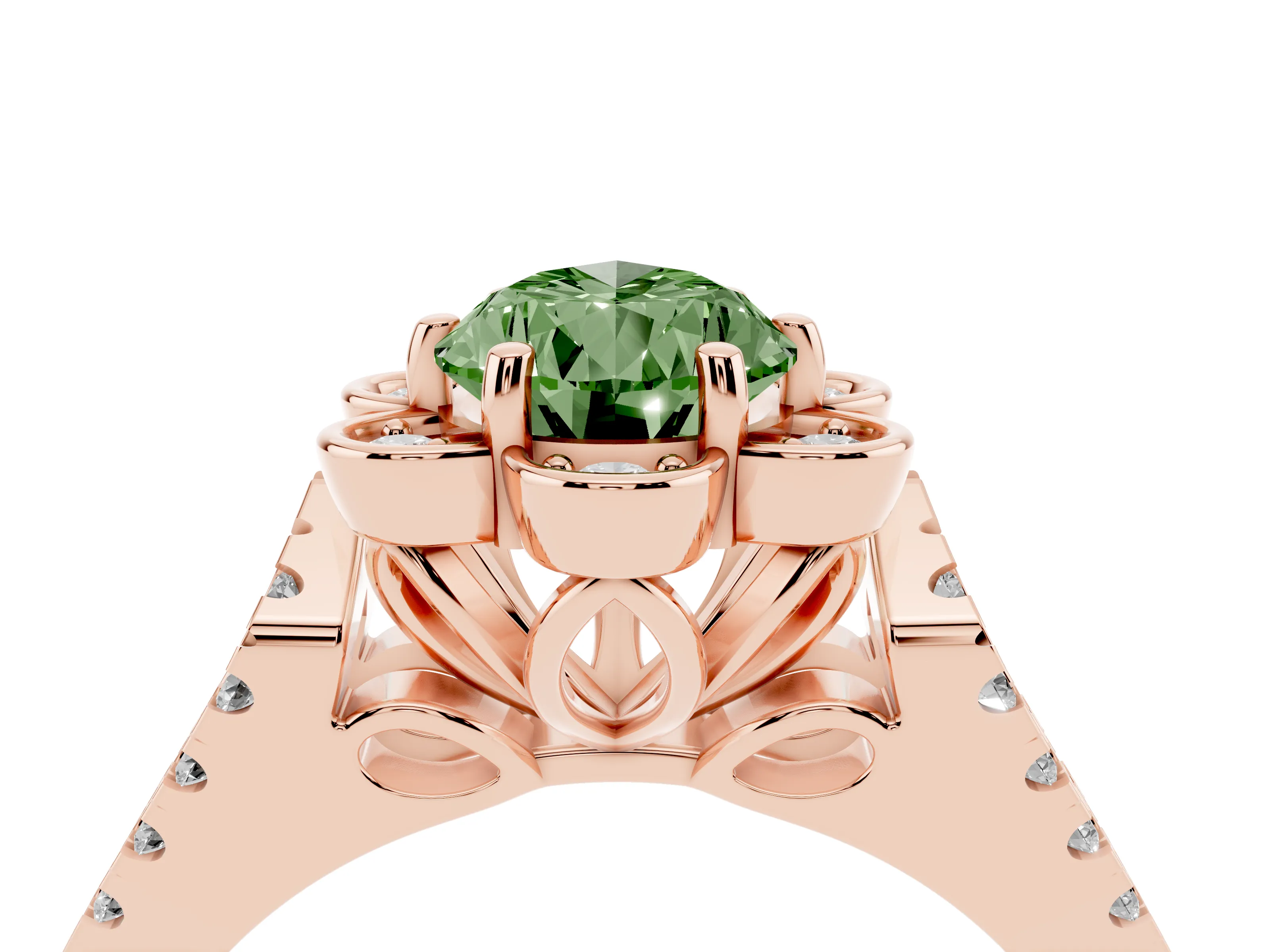 Fancy Green Pear Cut Diamond Floral Halo Split Shank Engagement Ring Set in Rose gold with Pavé Shank