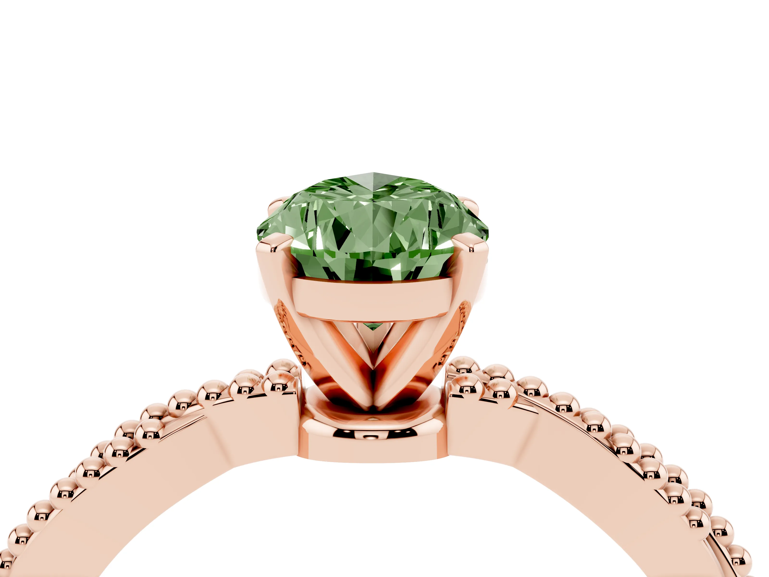 Fancy Green Pear Cut Diamond Solitaire Ring Set in Rose gold with Twisted Band and Bead Prong Setting