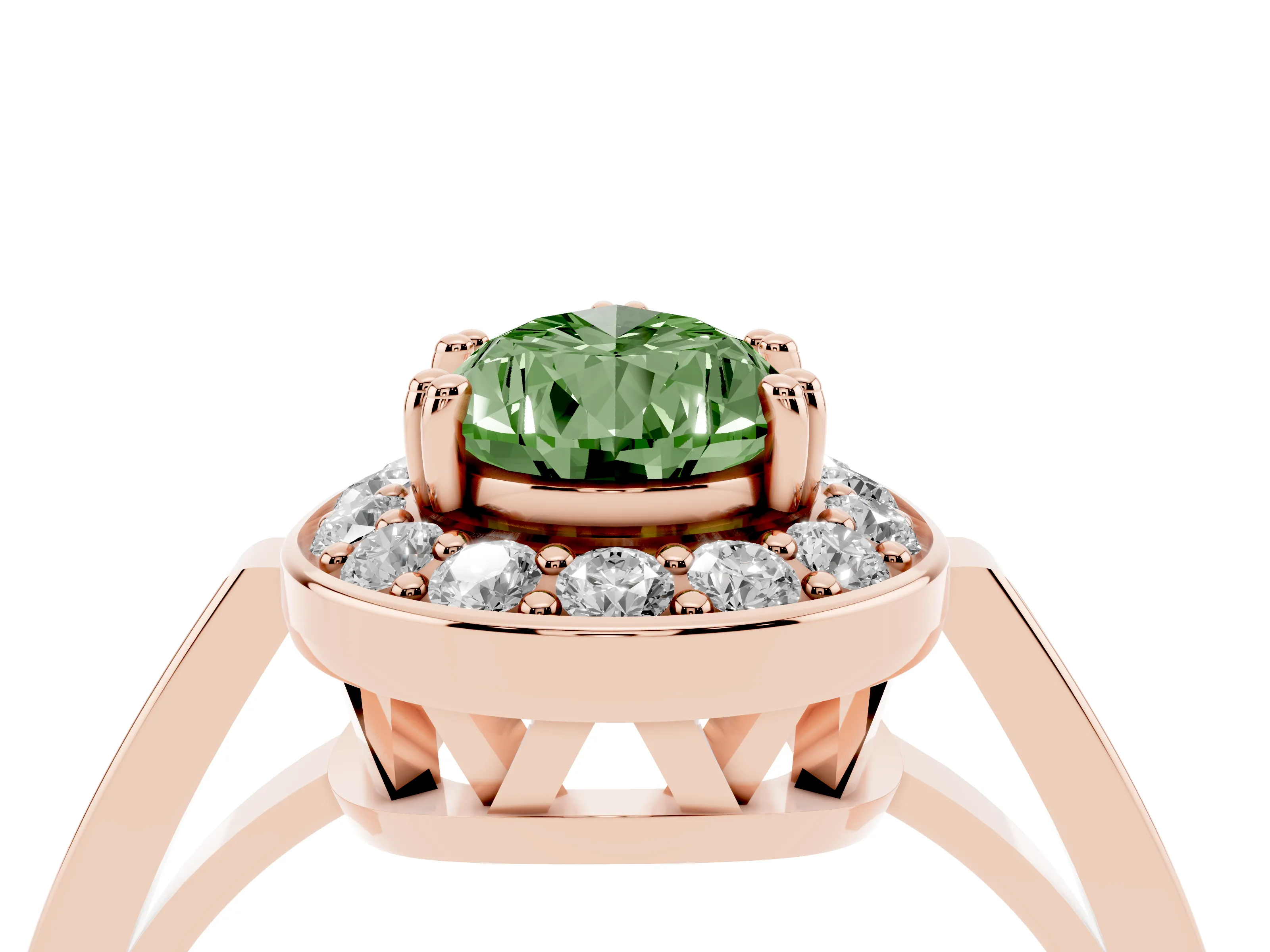 Fancy Green Pear Cut Diamond Halo Ring Set in Rose gold with Accent-Lined Split Shank and Prong Setting