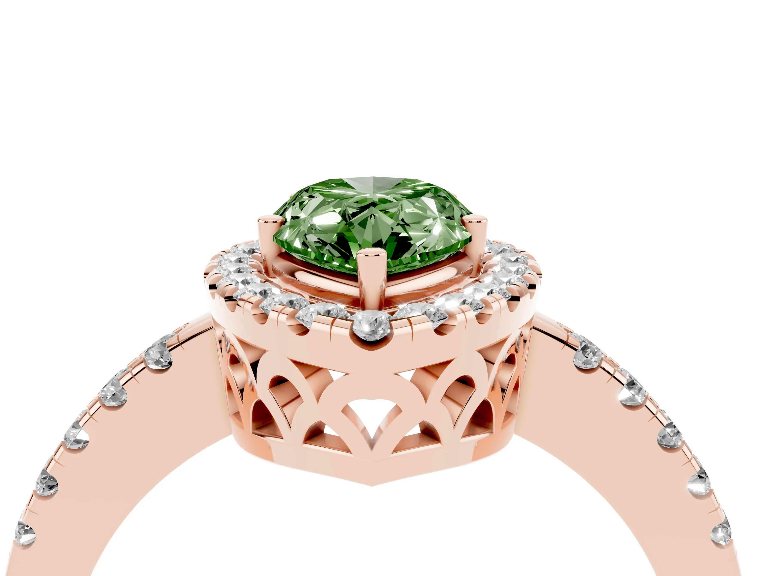 Fancy Green Pear Cut Diamond Pavé Band Halo Engagement Ring Set in Rose gold with Prong Setting