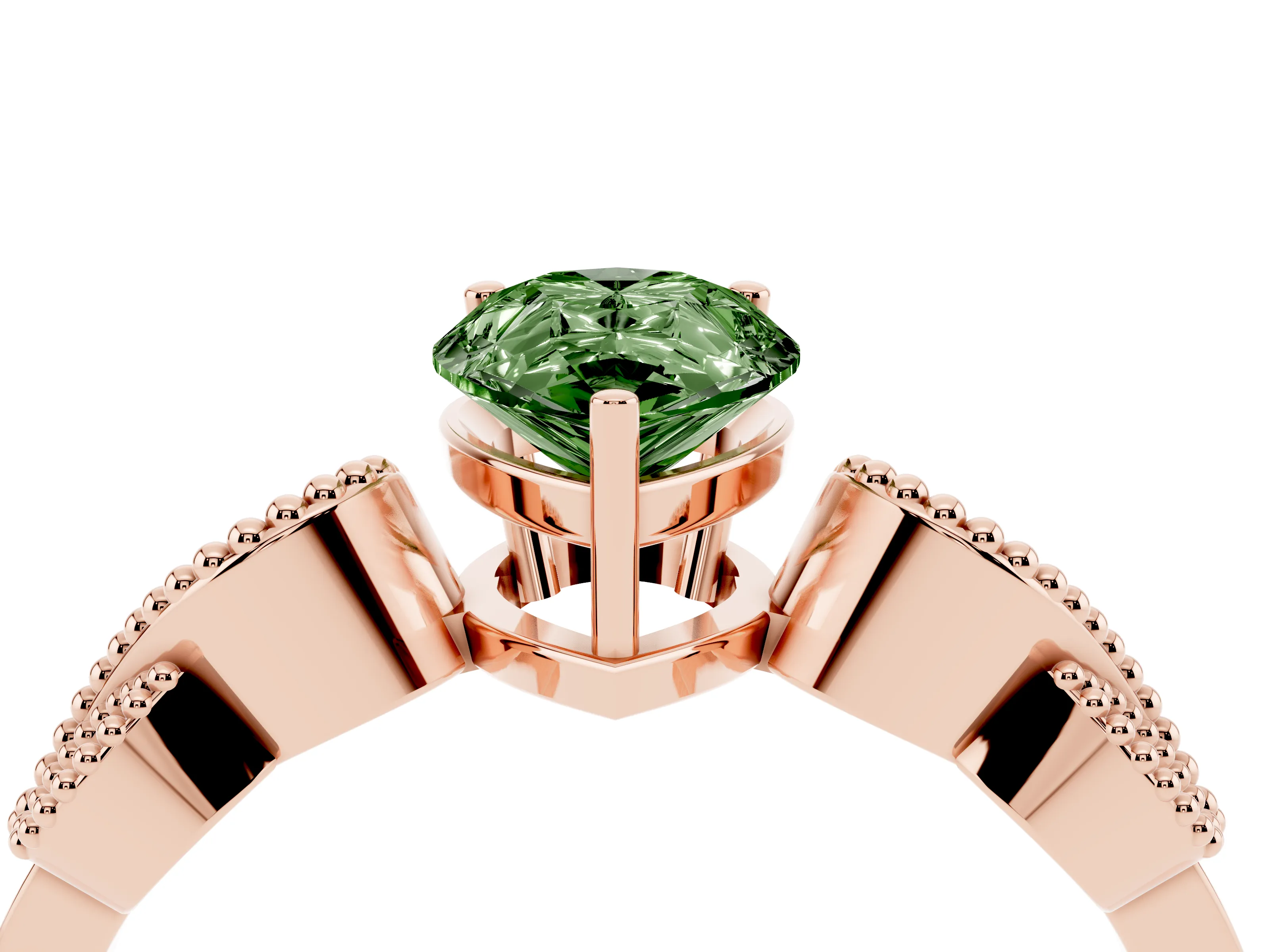 Fancy Green Pear Cut Diamond Milgrain Leaf Band Solitaire Ring Set in Rose gold with Accent Stones and Prong Setting