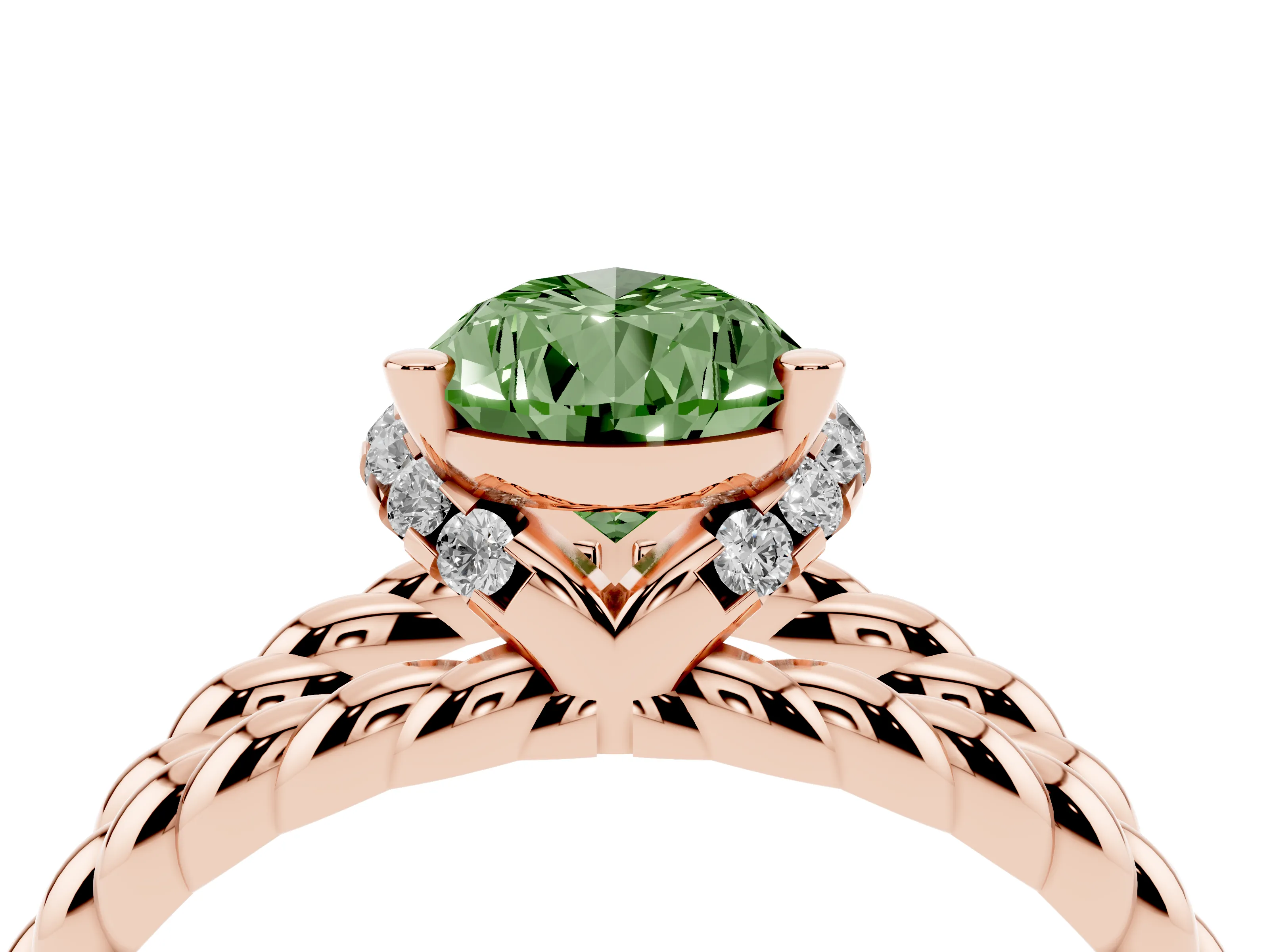 Fancy Green Pear Cut Diamond Halo Ring Set in Rose gold with Twisted Band and Prong Setting