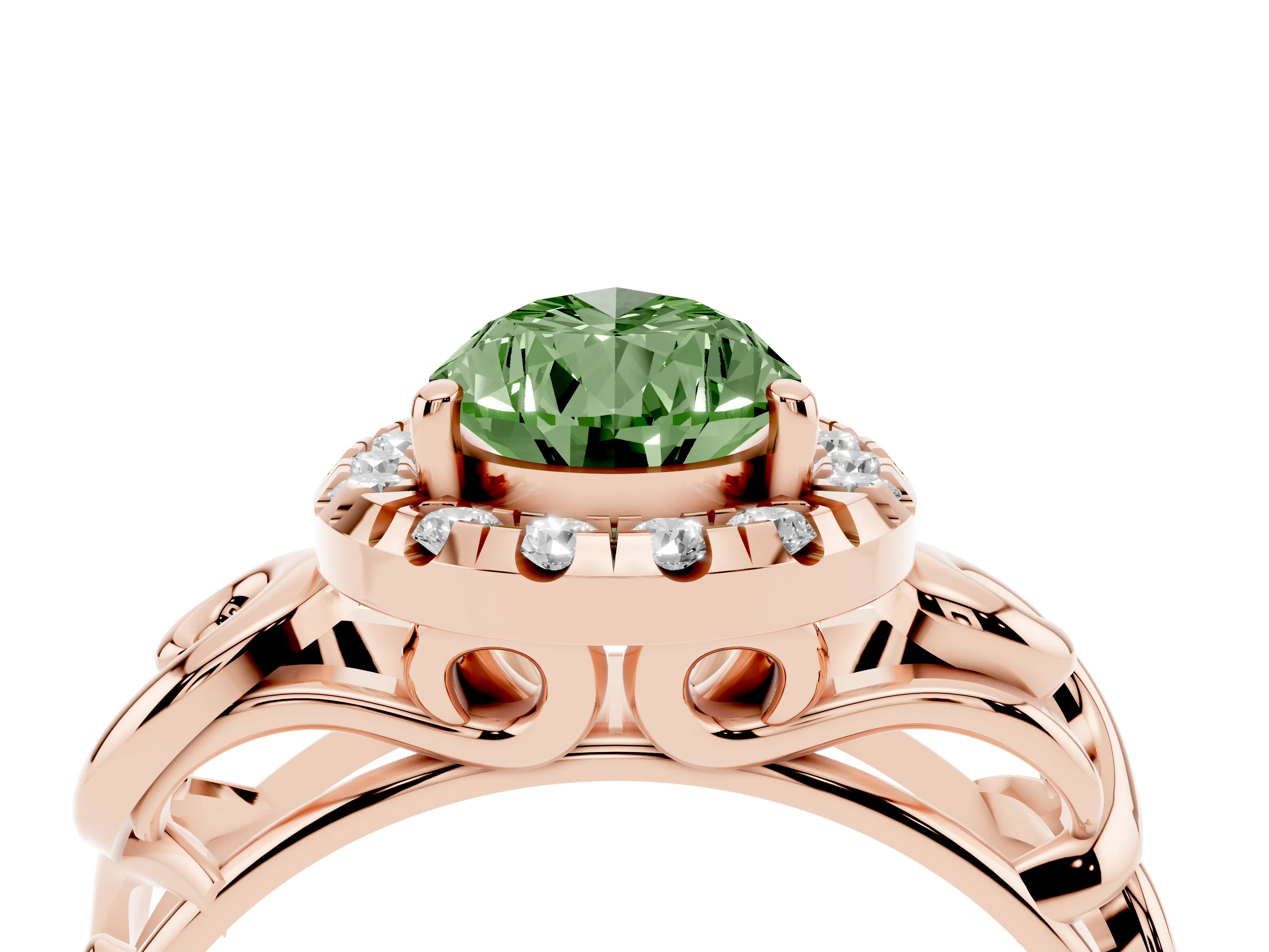 Fancy Green Pear Cut Diamond Halo Ring Set in Rose gold with Scrollwork Band and Prong Setting