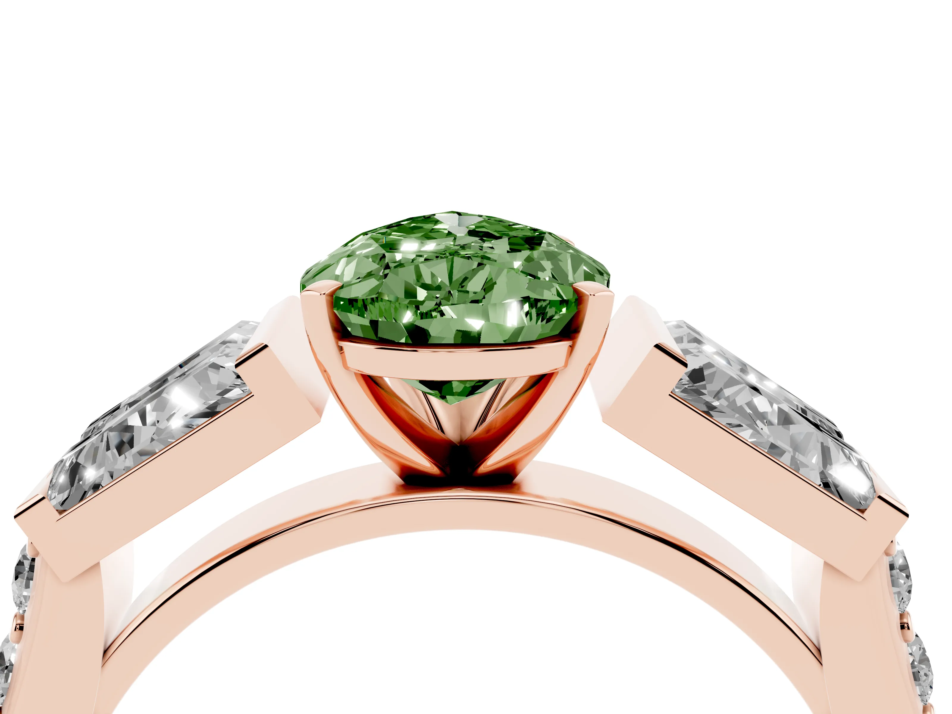 Fancy Green Pear Cut Diamond Engagement Ring Set in Rose gold with Baguette Side Stones and Channel Set Band