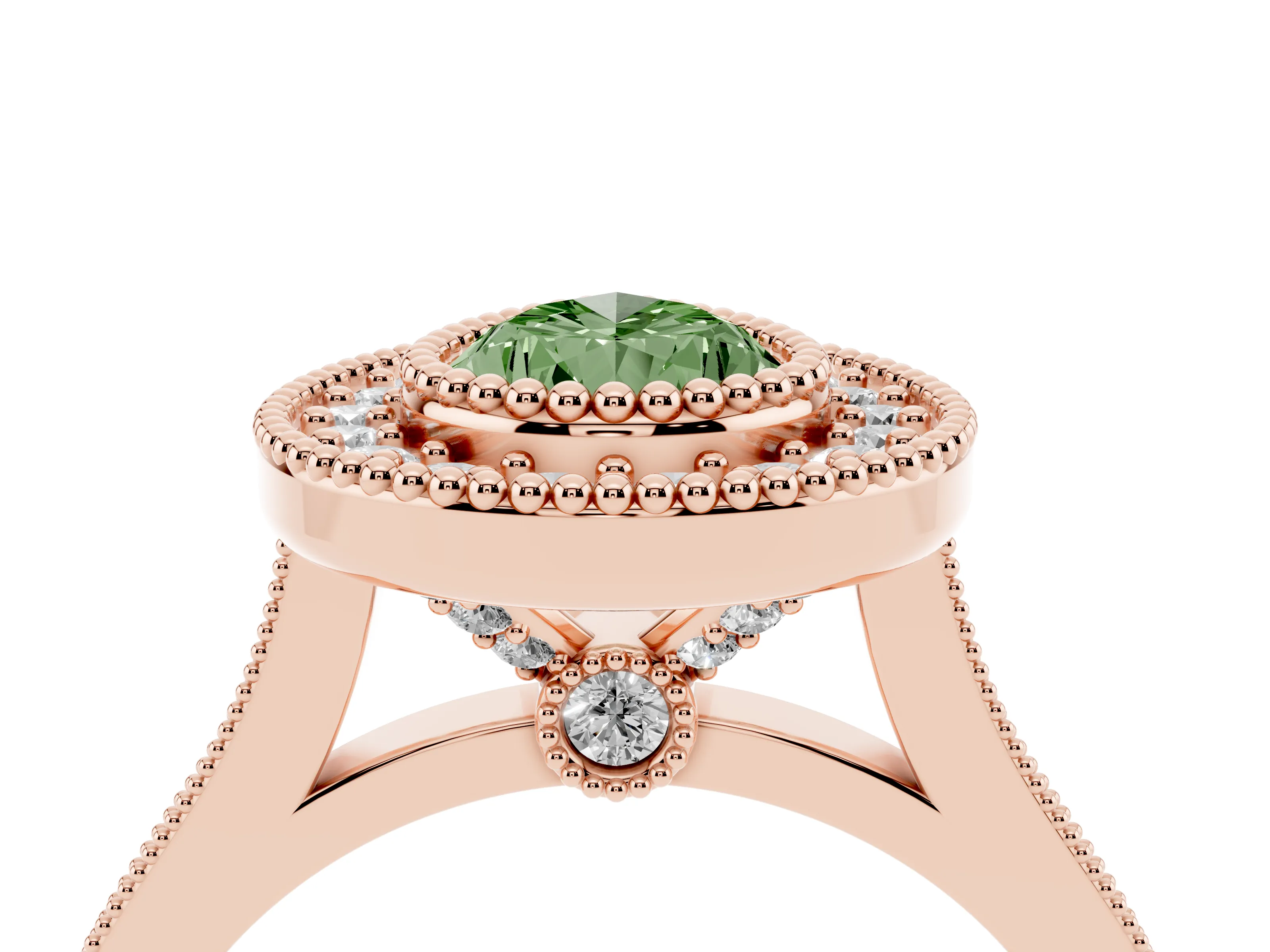 Fancy Green Pear Cut Diamond Halo Ring Set in Rose gold with Milgrain Frame and Pavé Band