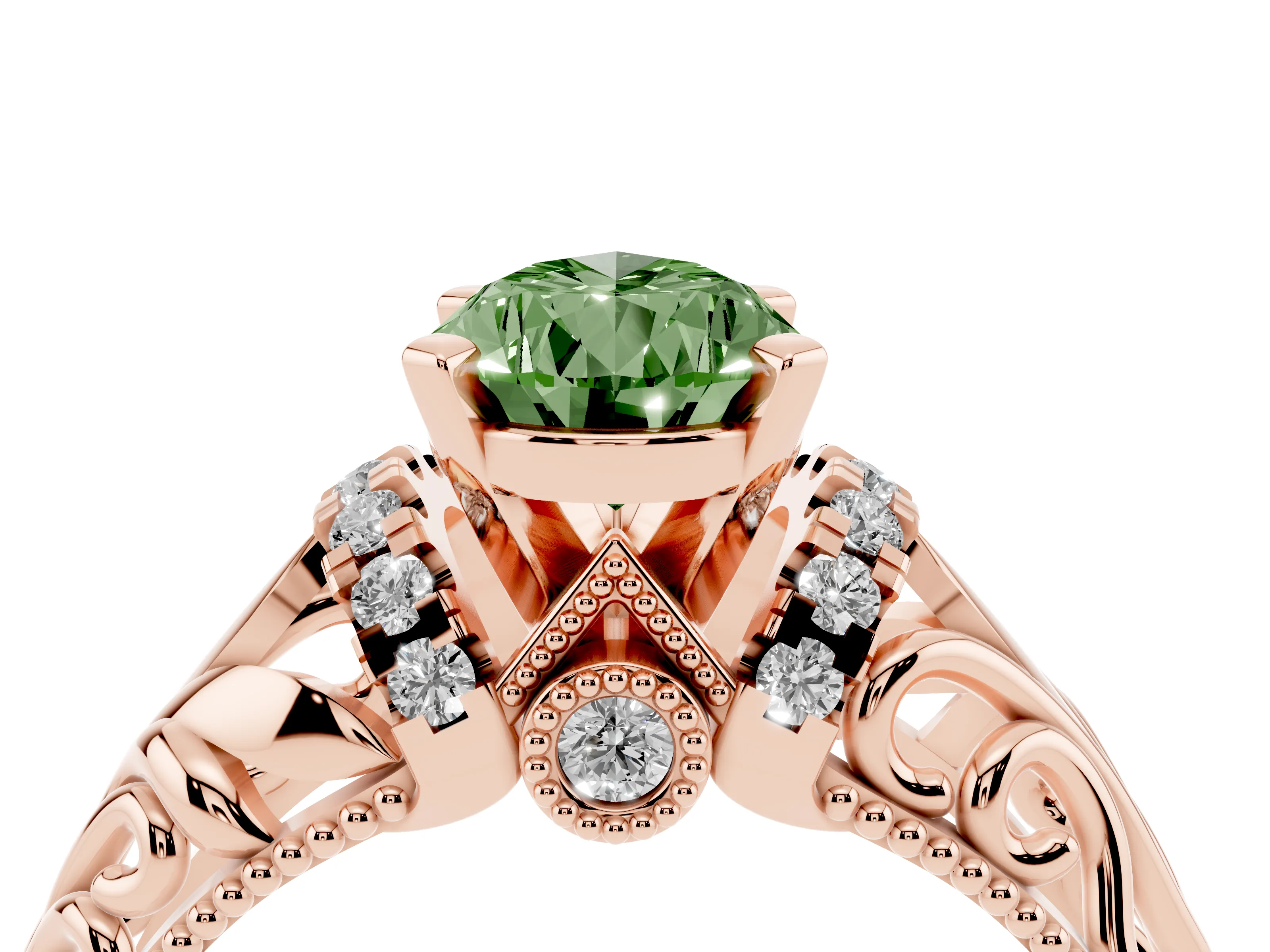 Fancy Green Pear Cut Diamond Filigree Halo Engagement Ring Set in Rose gold with Prong Setting