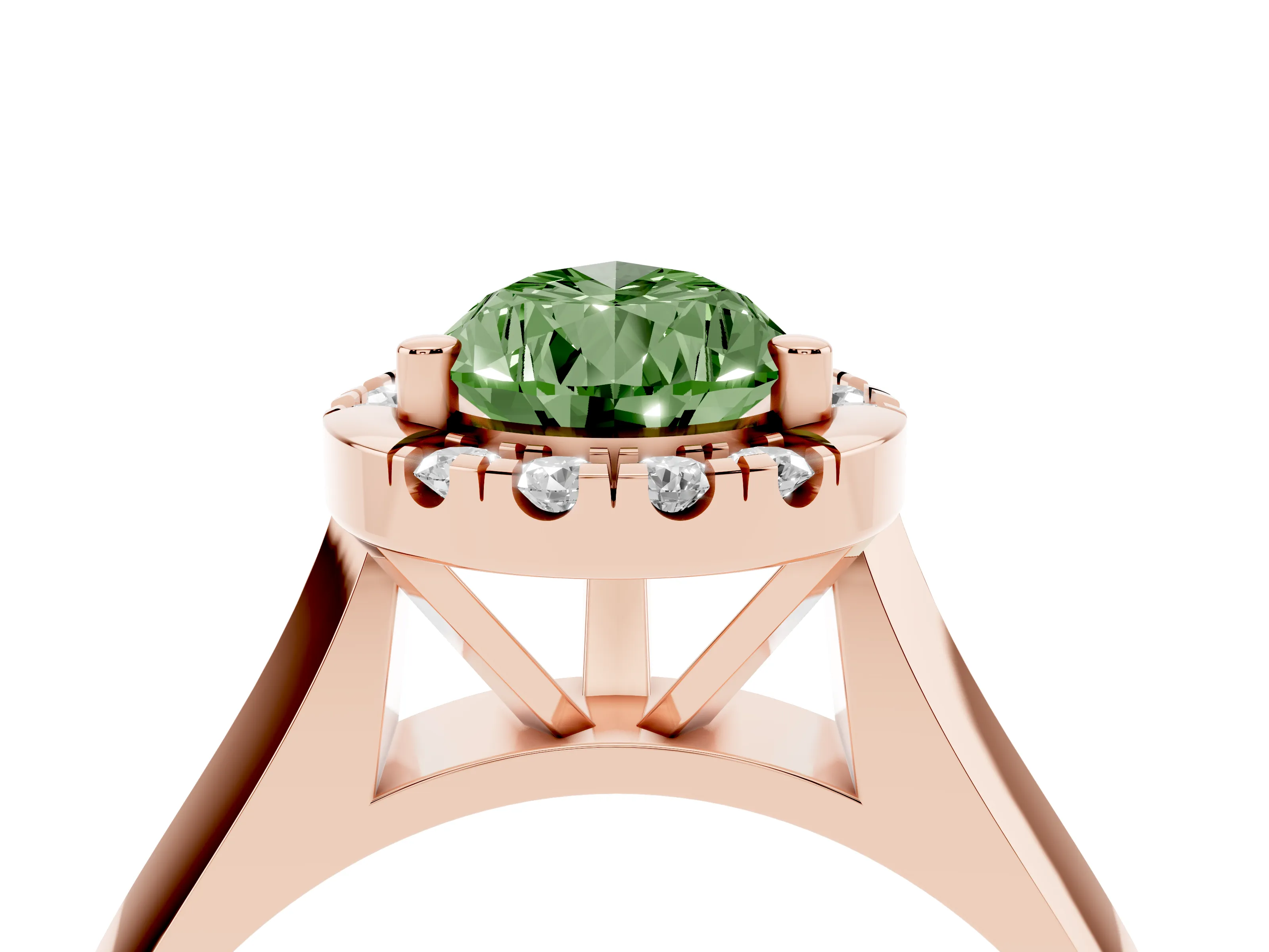 Fancy Green Pear Cut Diamond Halo Solitaire Engagement Ring Set in Rose gold with Square Band and Prong Setting